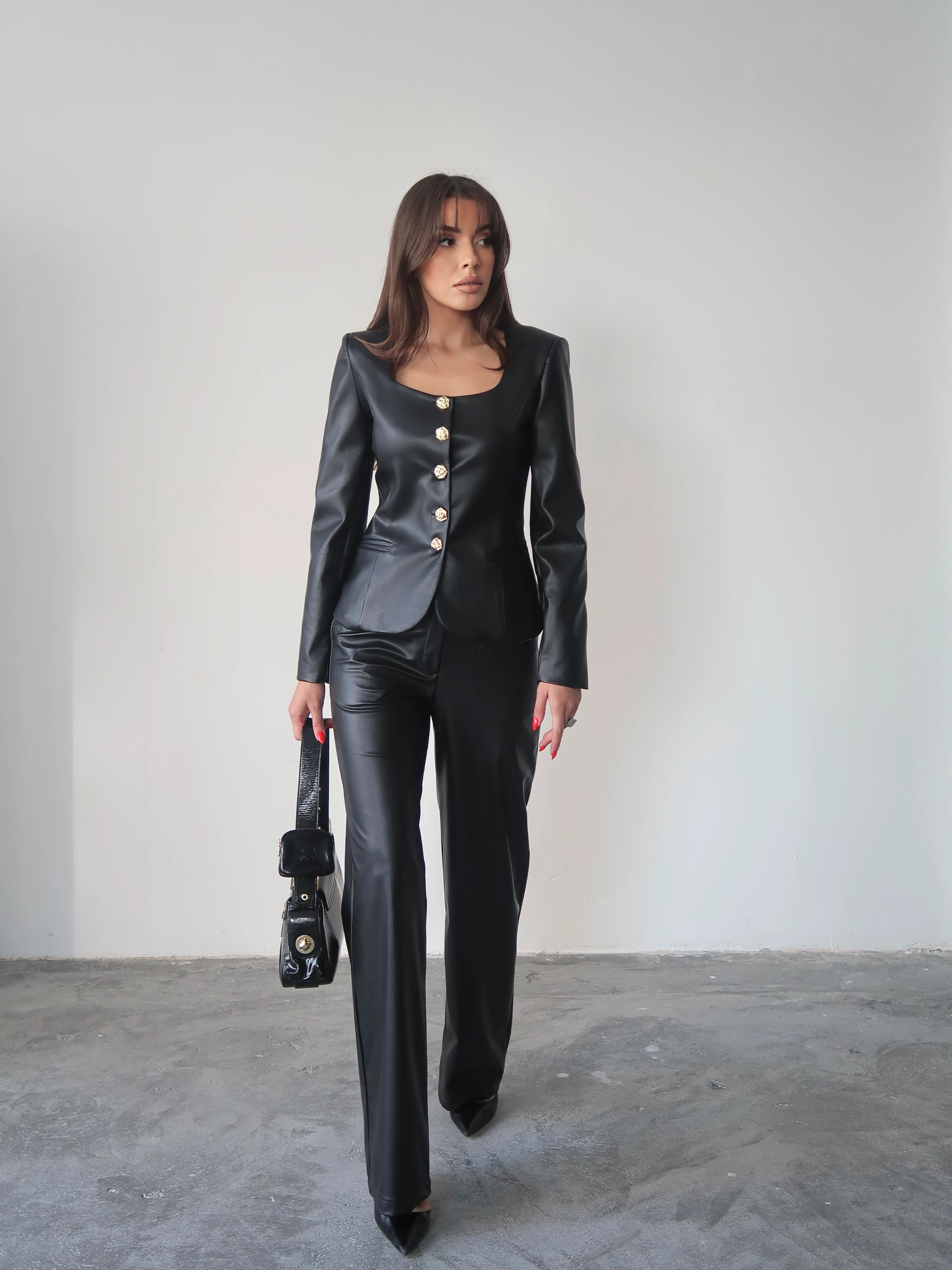 Jane Button Leather Tailored Suit Siyah