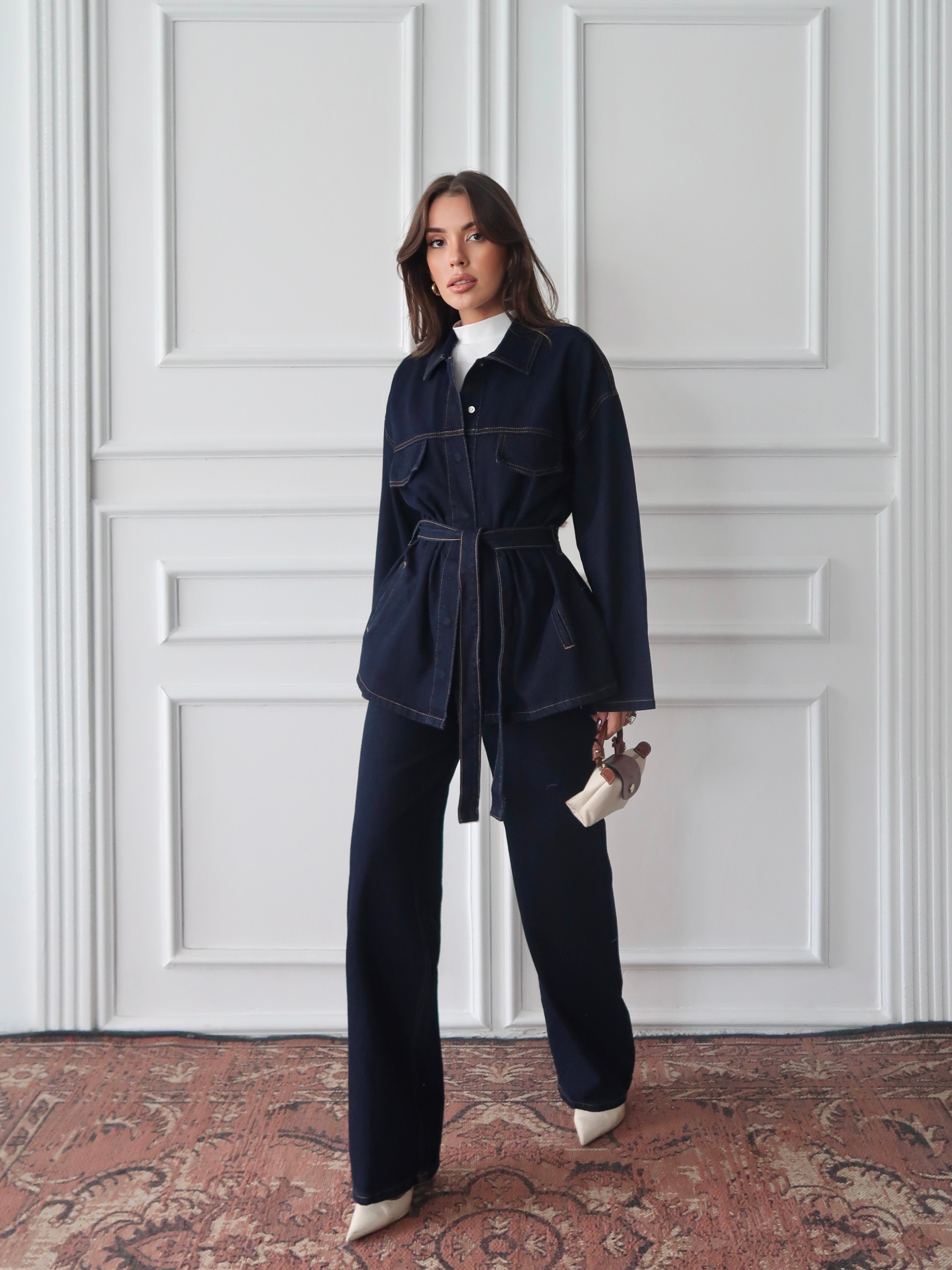 Lacivert Kemerli Geniş Paça Denim Takım