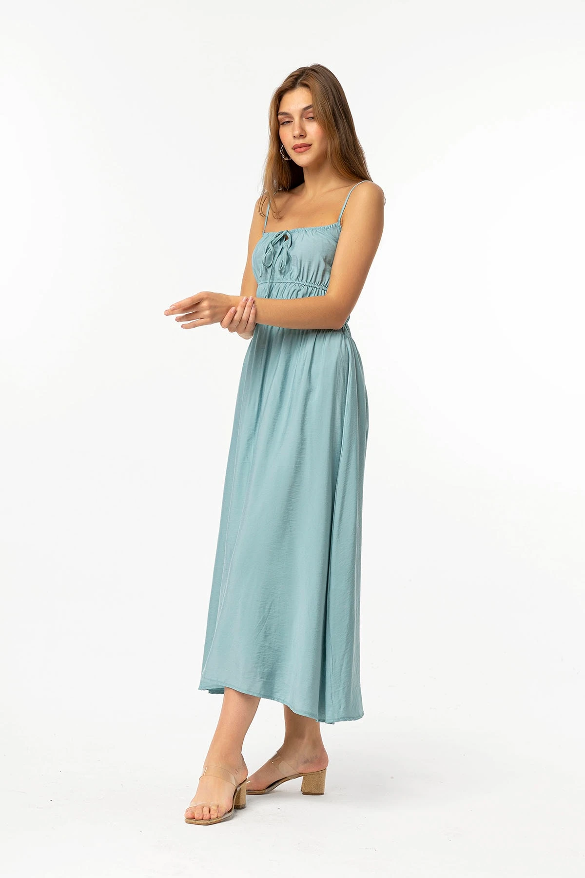 Beli Büzgülü Askılı Mavi Elbise