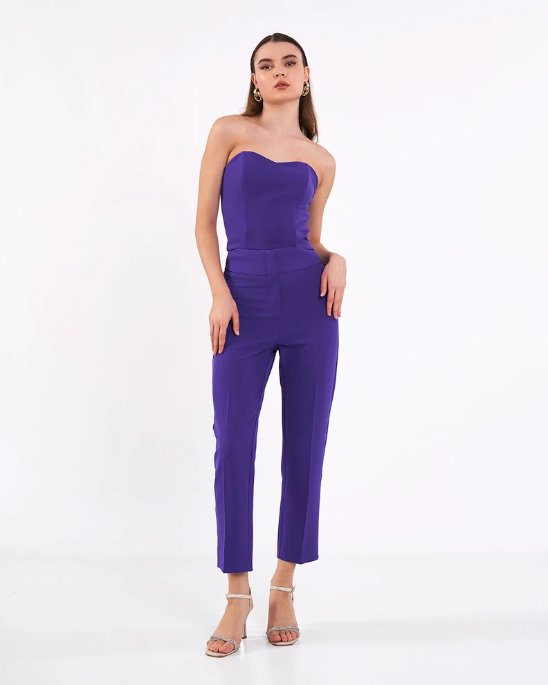 Yüksek Bel Sahte Cepli Mor Pantolon