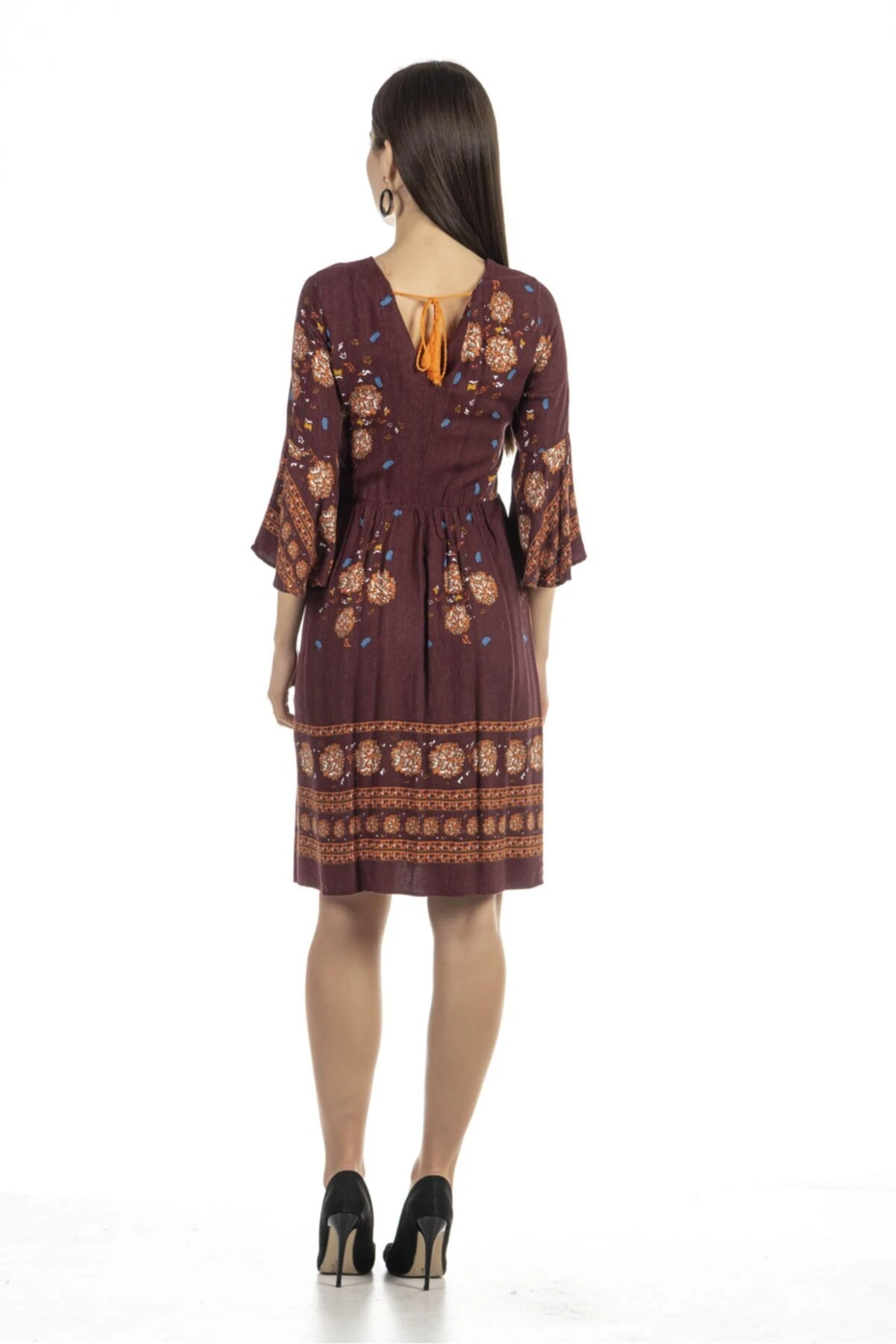 Çiçek Desenli Midi Boy Bordo Elbise