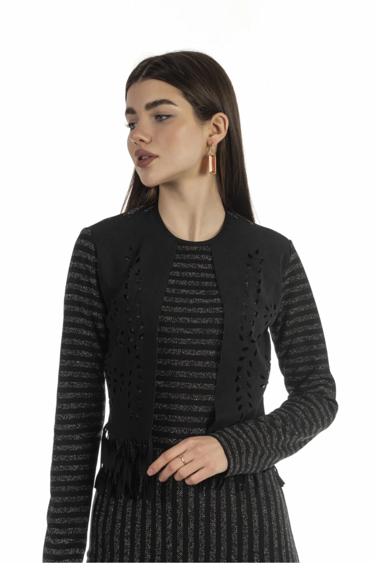 Kadın Çizgili Uzun Siyah Elbise