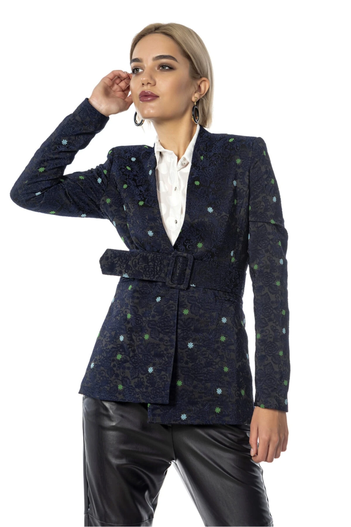 Renkli Desenli Kemerli Lacivert Kadın Ceket