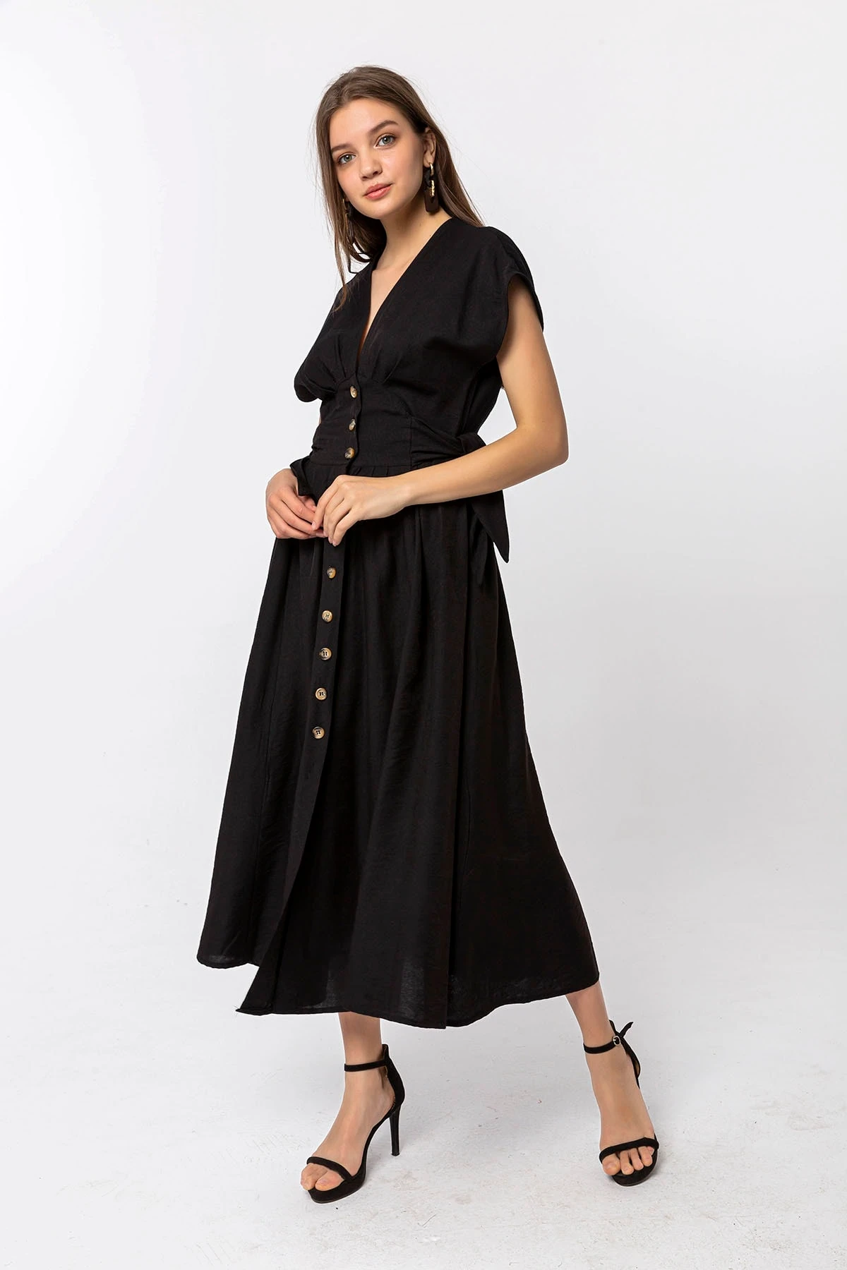 Düğmeli Midi Siyah Elbise