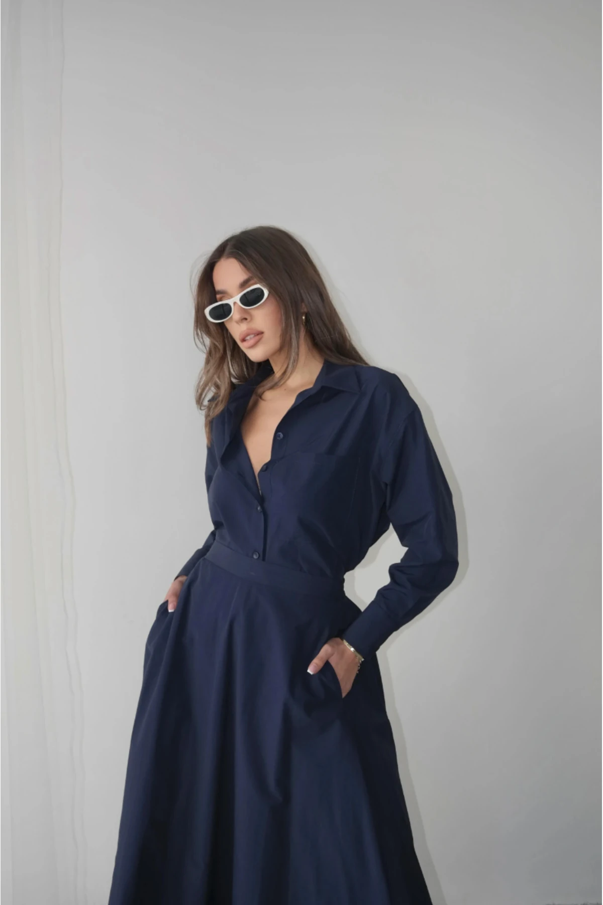 Poplin Kloş Etek ve Oversize Gömlek Lacivert