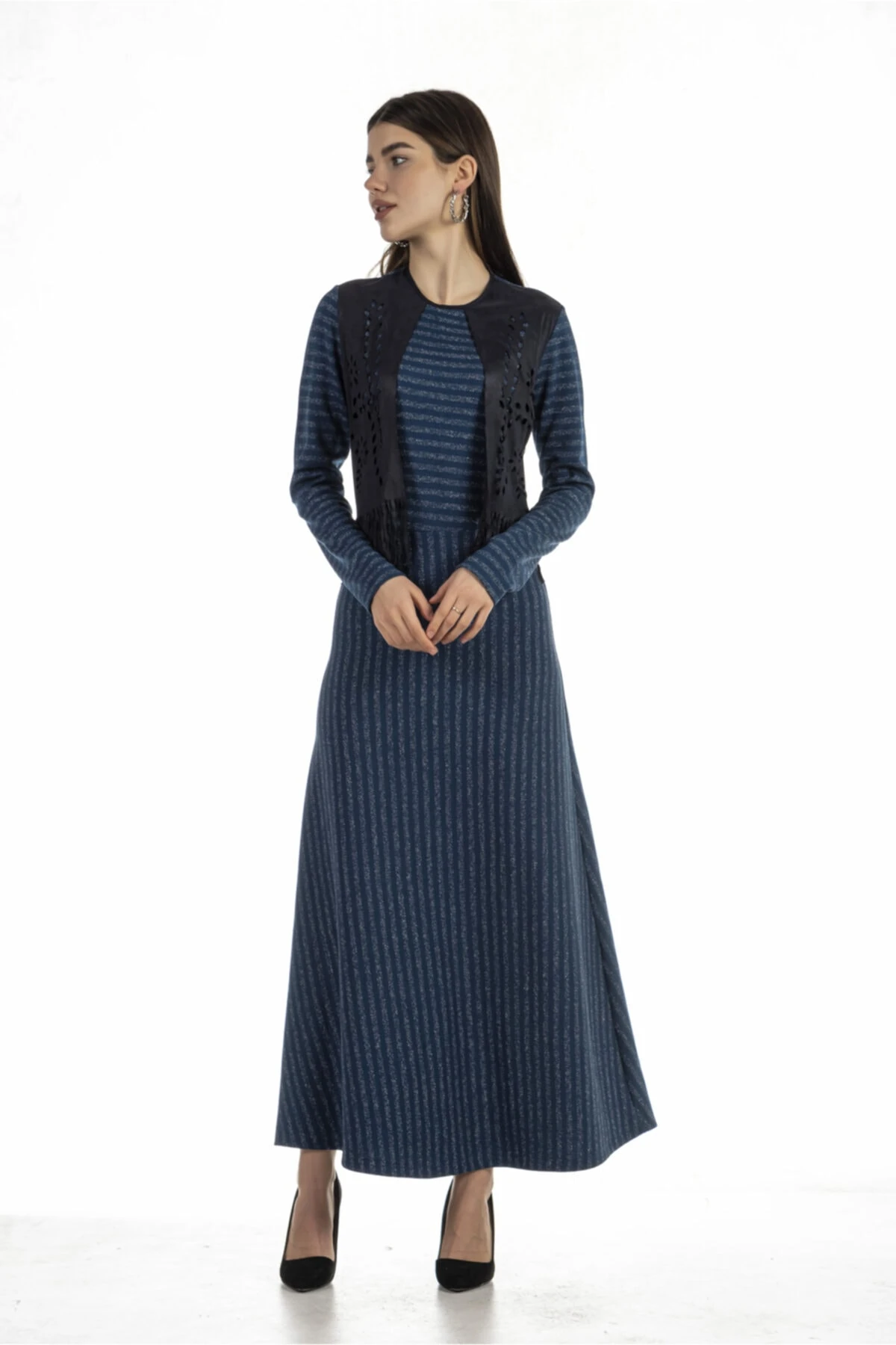 Kadın Lacivert Çizgili Uzun Elbise