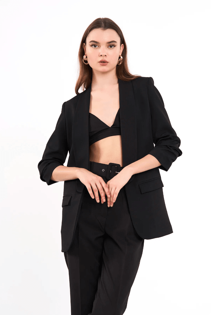 Mia Kolu Büzgülü Blazer Ceket Siyah