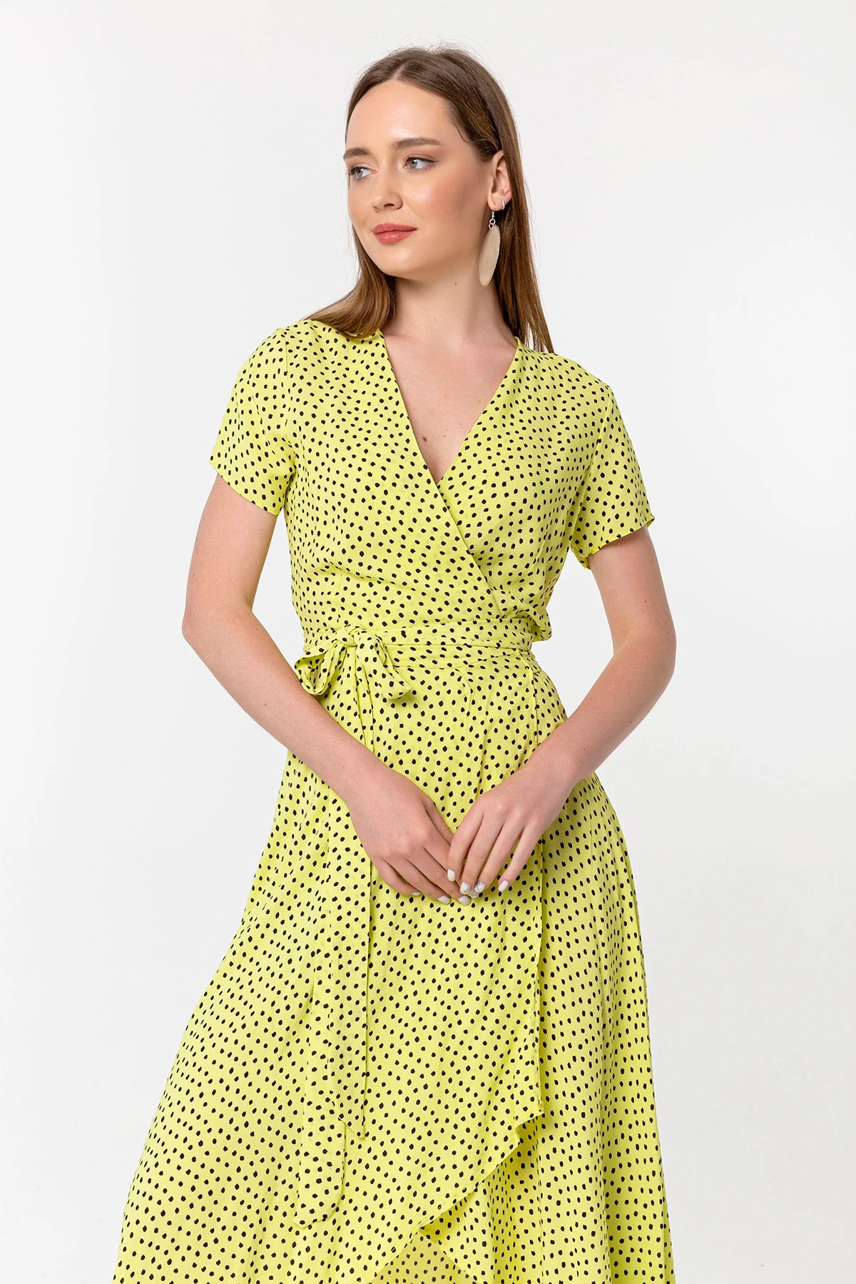 Kruvaze Yaka Sarı Elbise