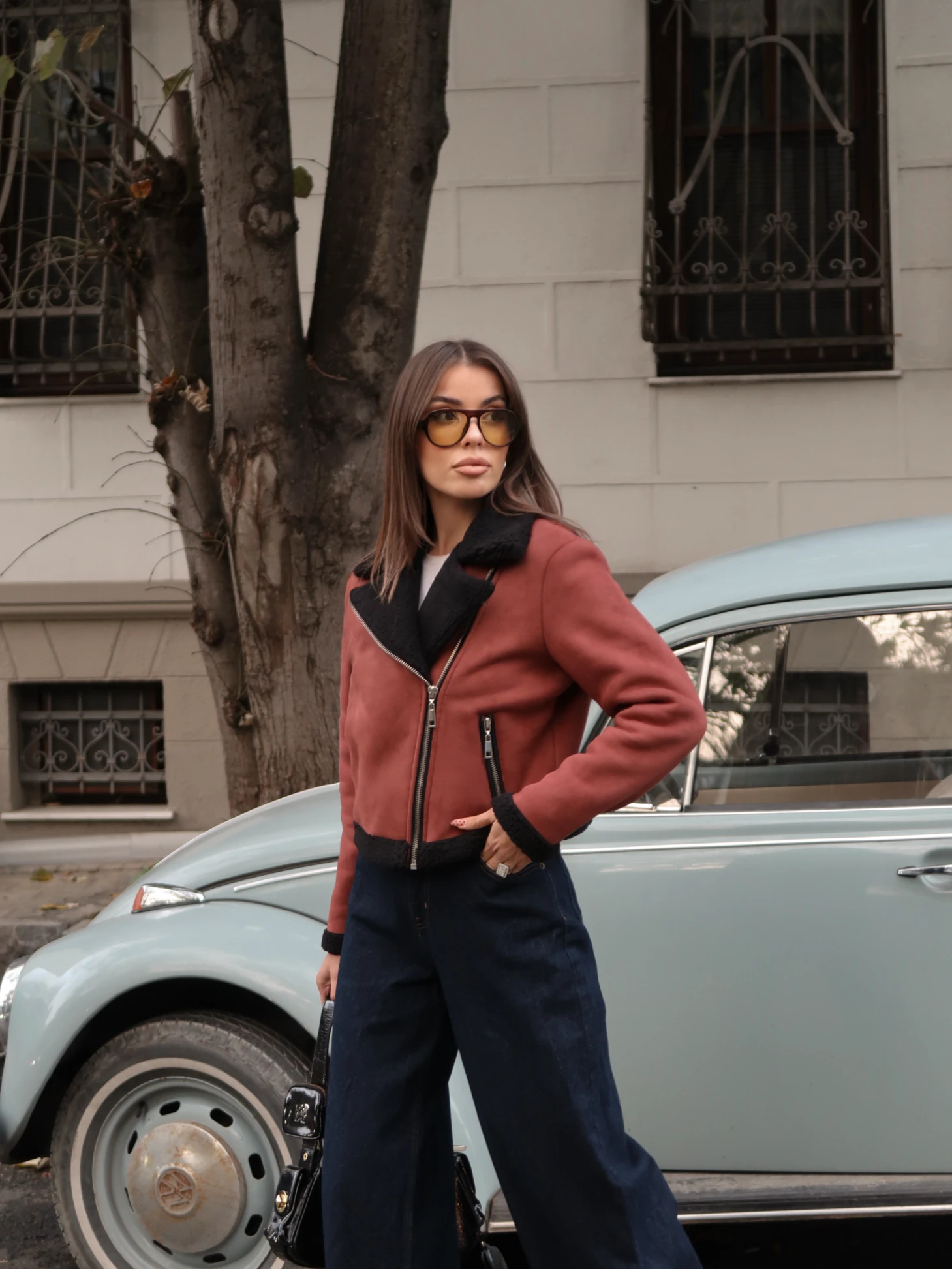 Sherpa Detaylı Süet Biker Ceket