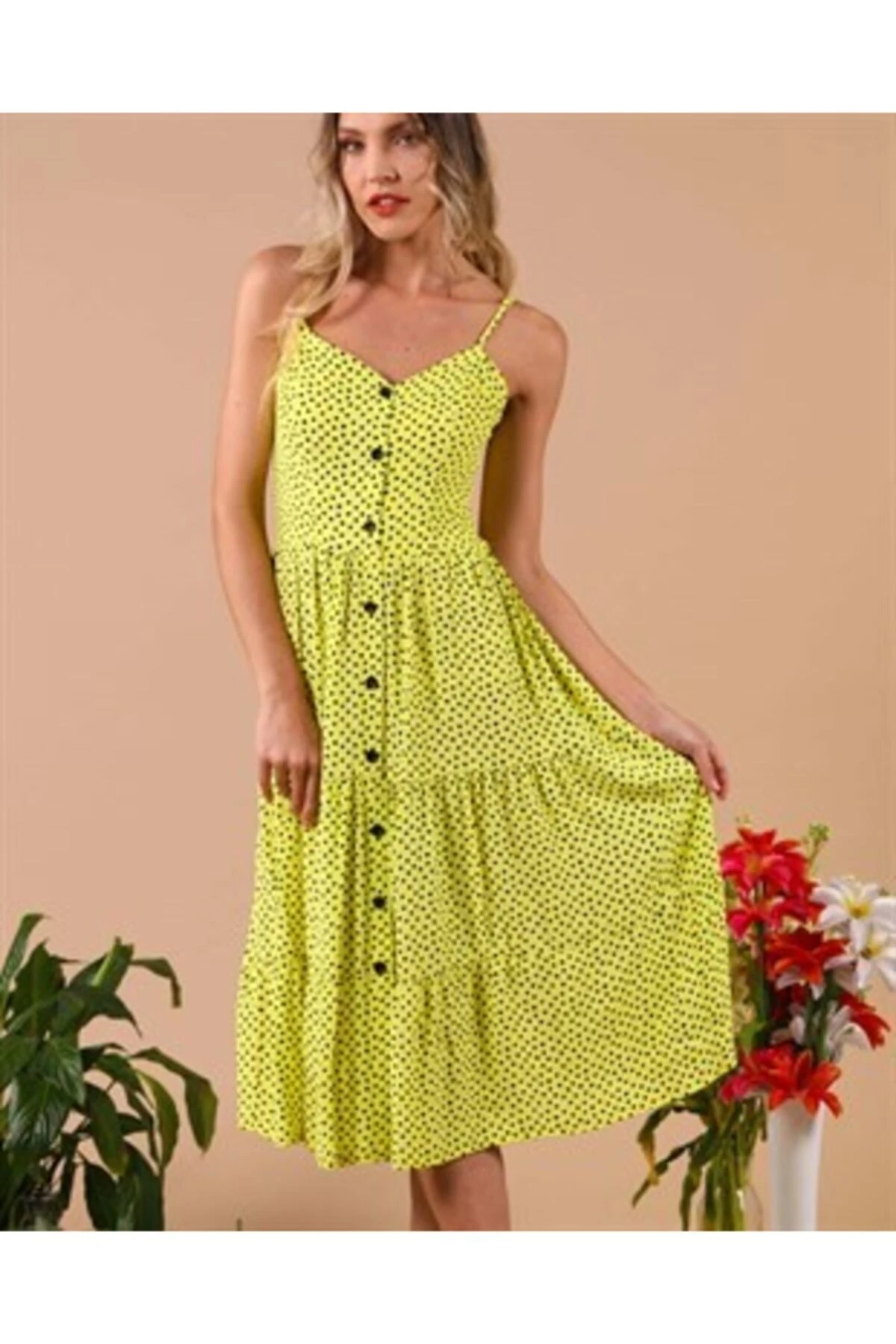 Puantiyeli Sarı Midi Boy Askılı Gömlek Elbise