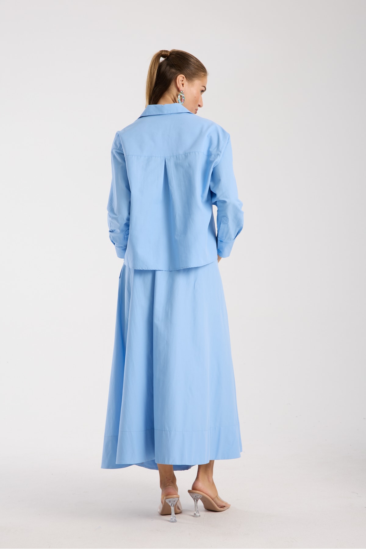 Poplin Kloş Etek ve Oversize Gömlek Ekru