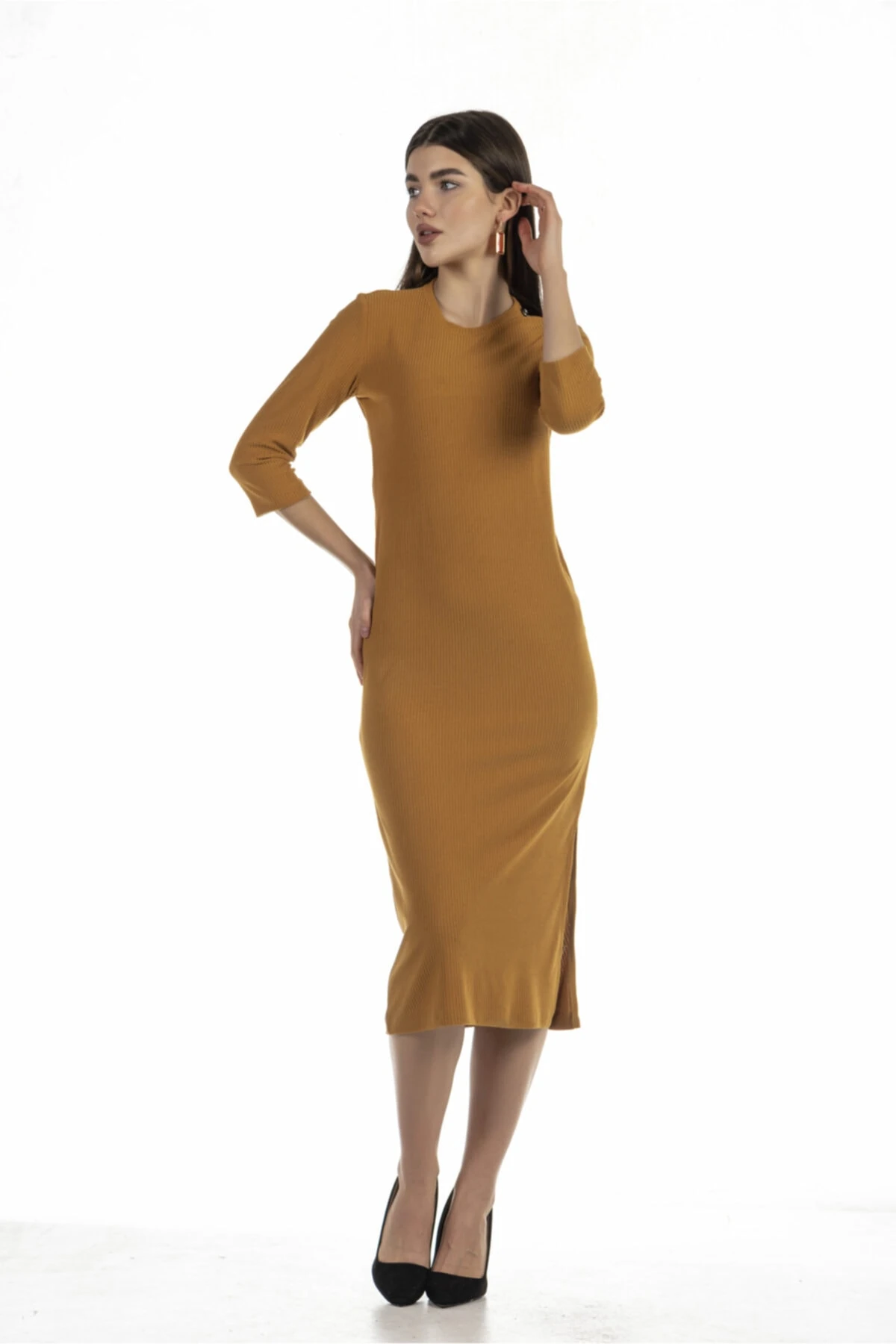 Düğme Detaylı Yırtmaçlı Triko Sarı Bodycon Elbise