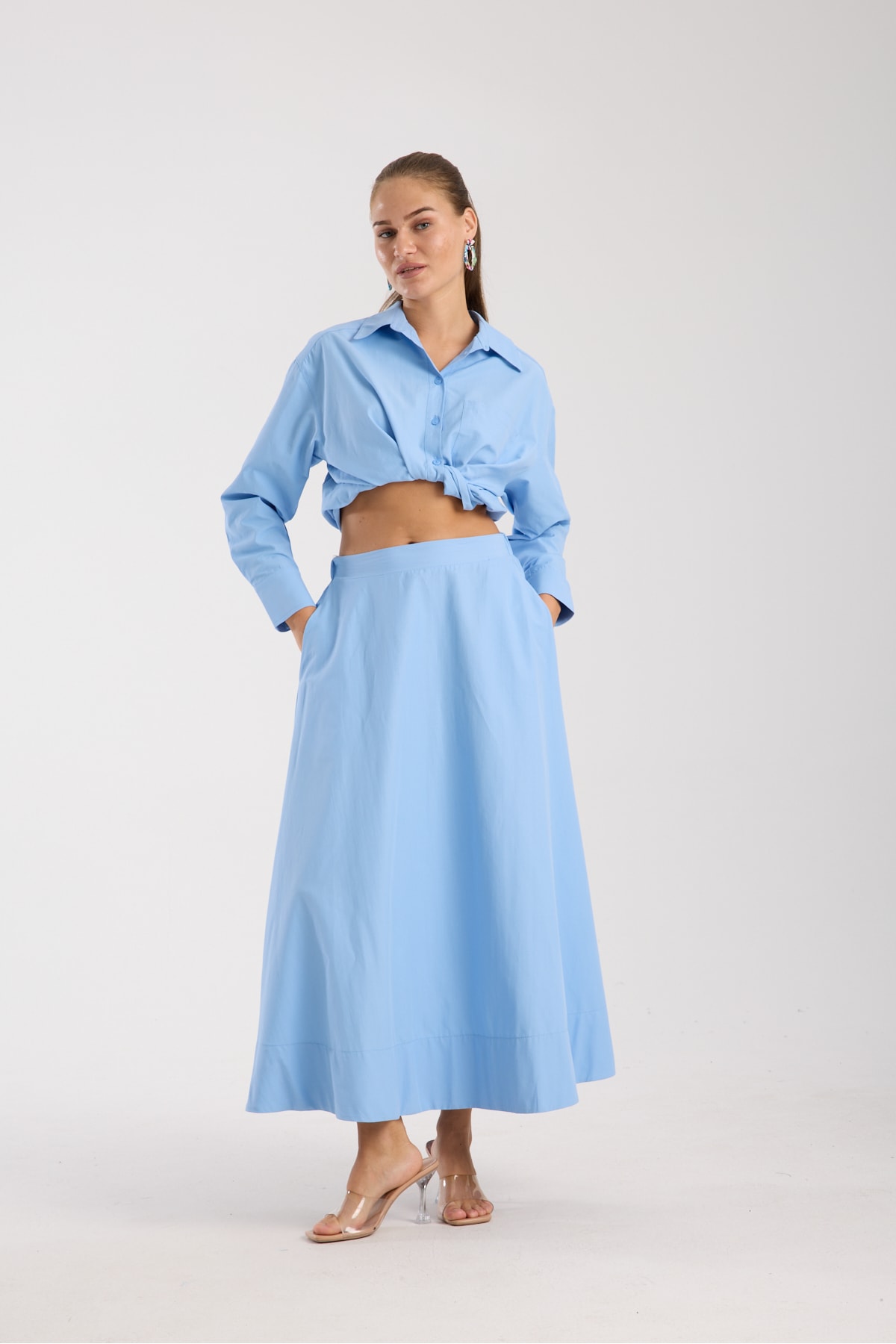 Poplin Kloş Etek ve Oversize Gömlek Ekru