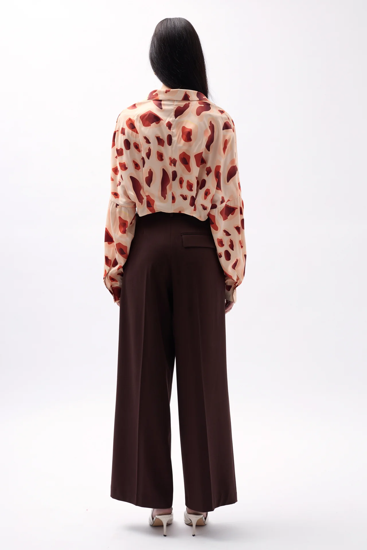 Desenli Crop Gömlek Bej