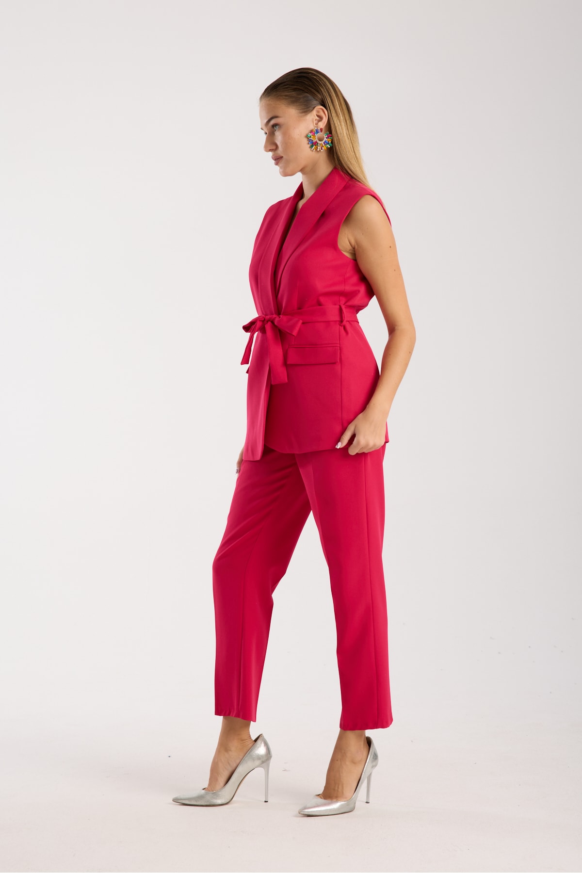 Violet Kuşaklı Yelek Ve Yüksek Bel Pantolon Takım