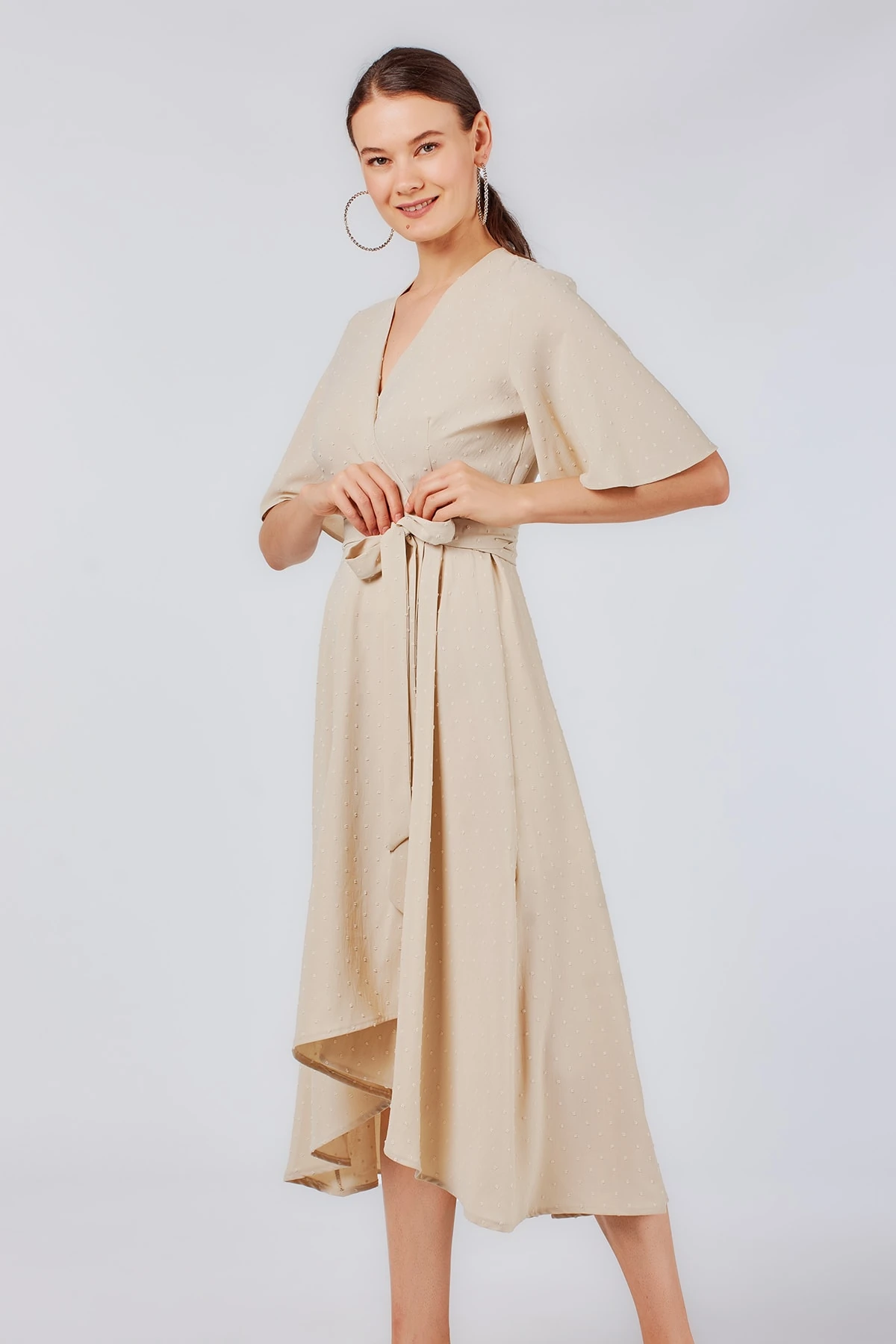 Kruvaze Midi Boy Bej Elbise