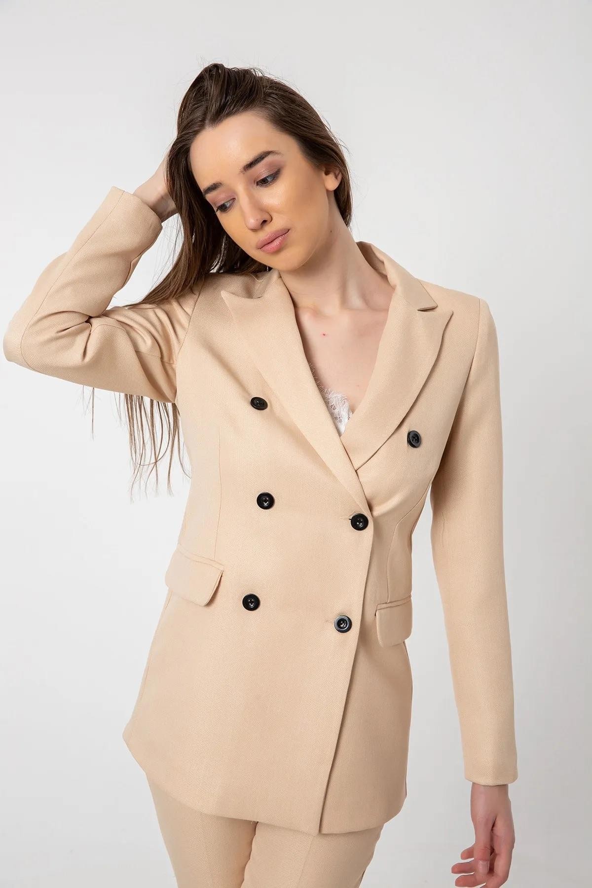 Keten Görünümlü Blazer Ceket Bej
