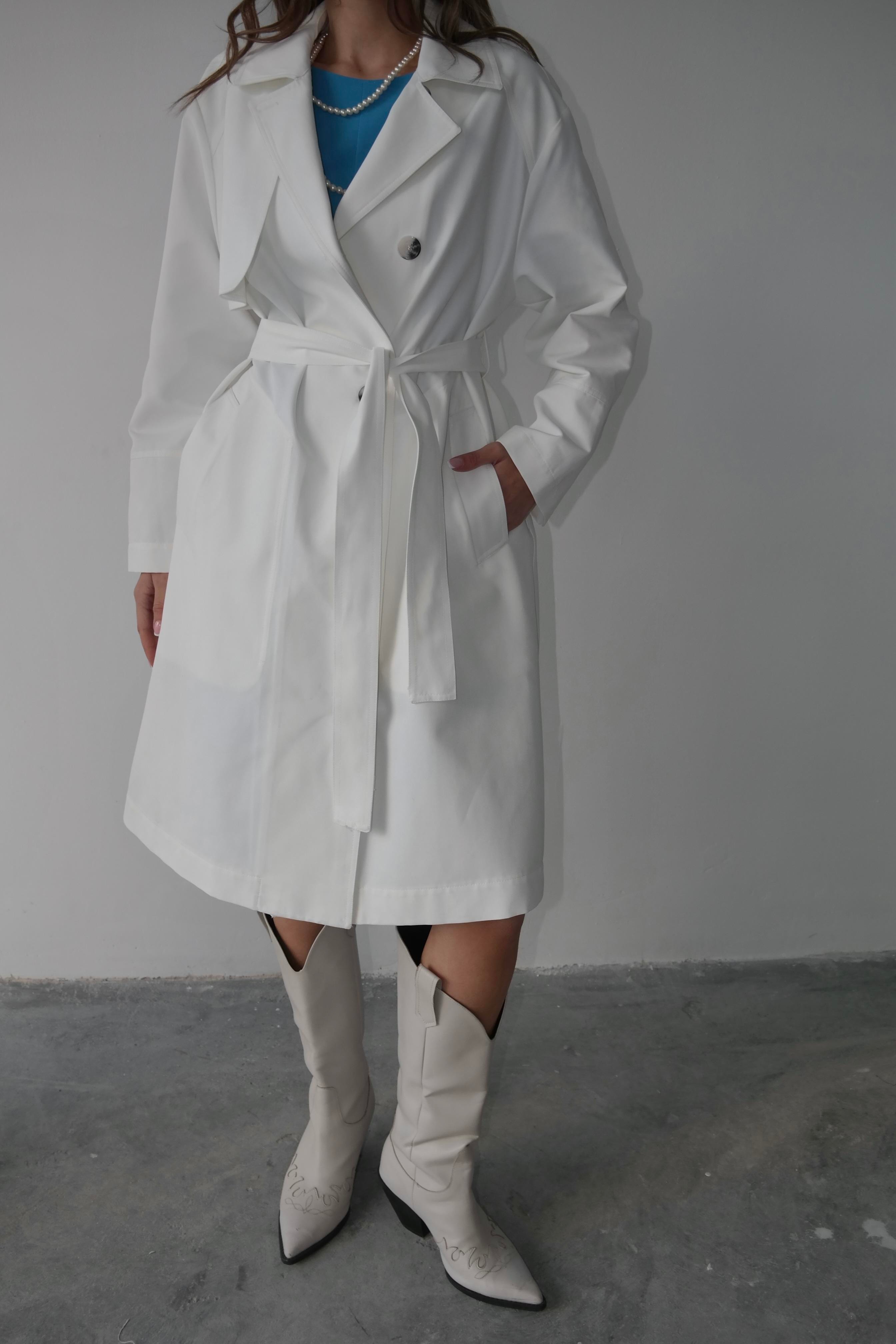 Gabardin Düğmeli Trençkot Beyaz