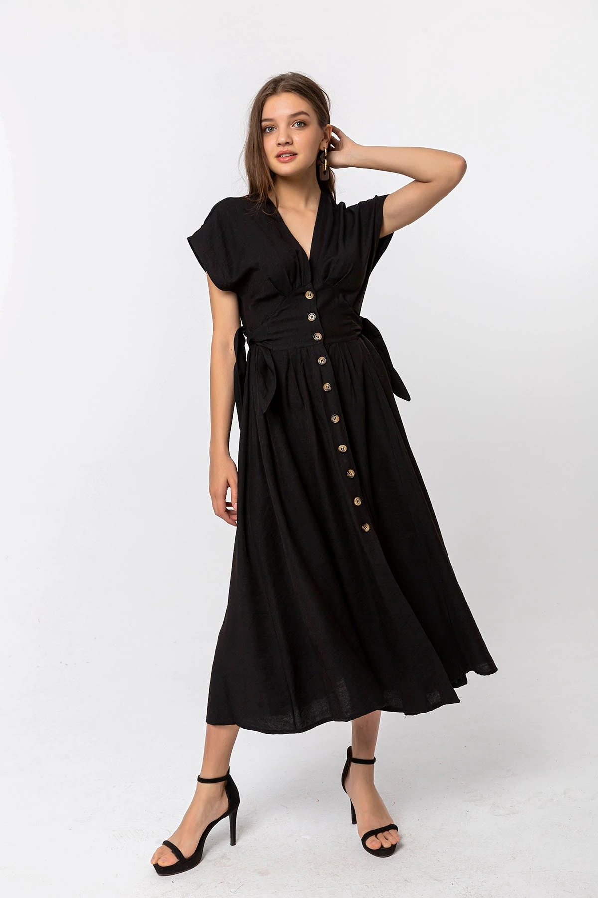 Düğmeli Midi Siyah Elbise