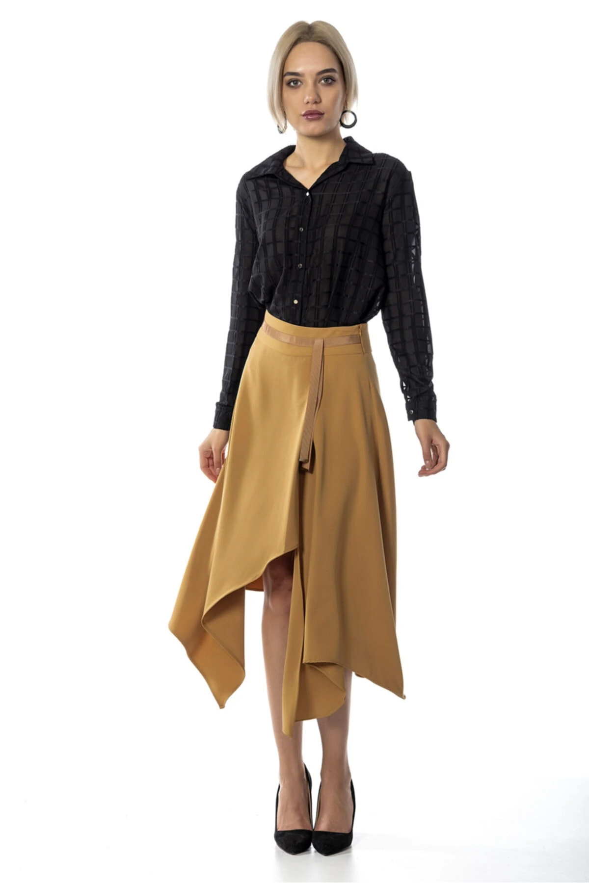 Asimetrik Kesim Açık Kahve Etek