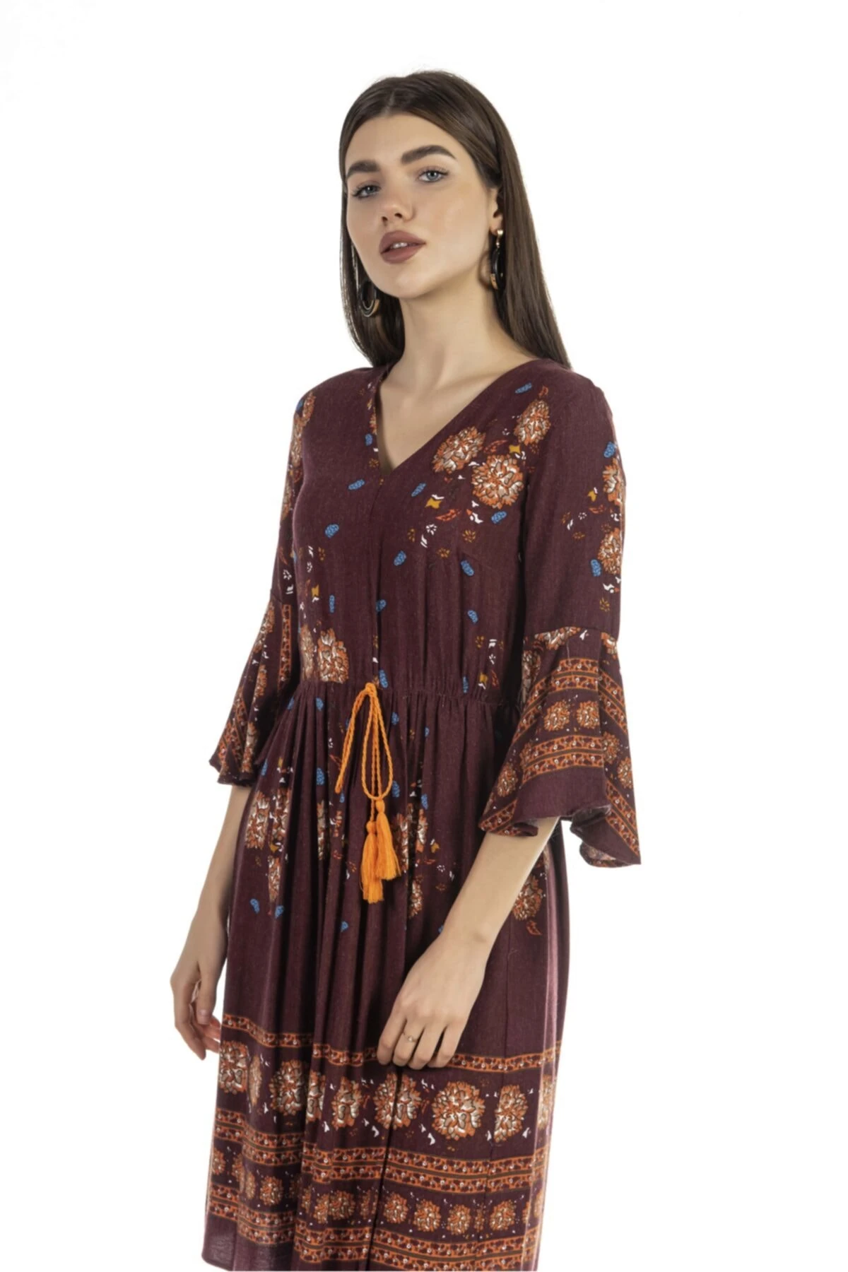 Çiçek Desenli Midi Boy Bordo Elbise