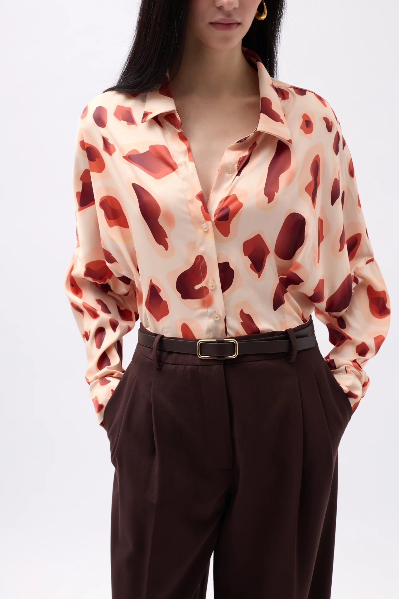 Desenli Crop Gömlek Bej