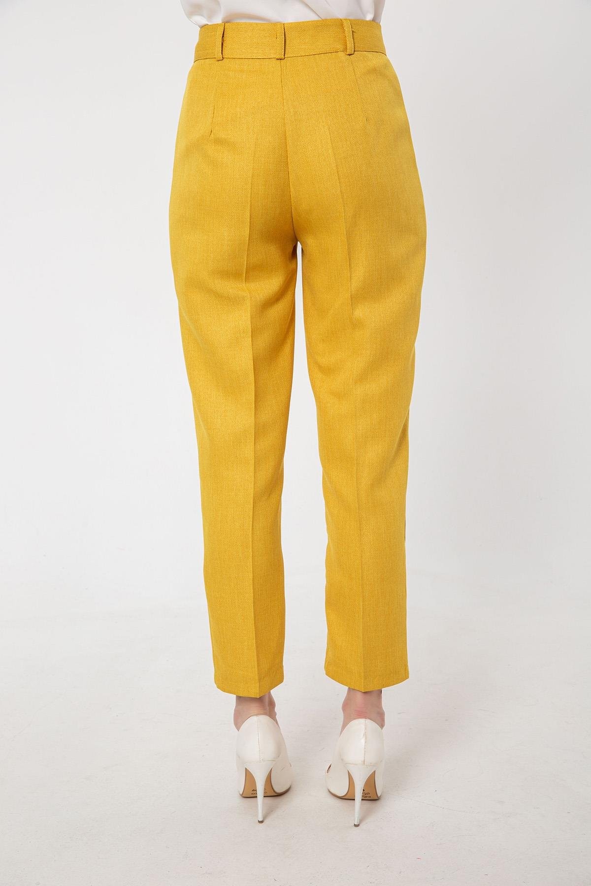Keten Görünümlü Klasik Pantolon Sarı