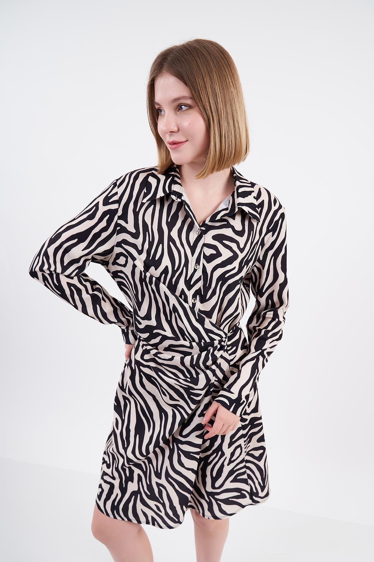 Zebra Desenli Mini Gömlek Elbise