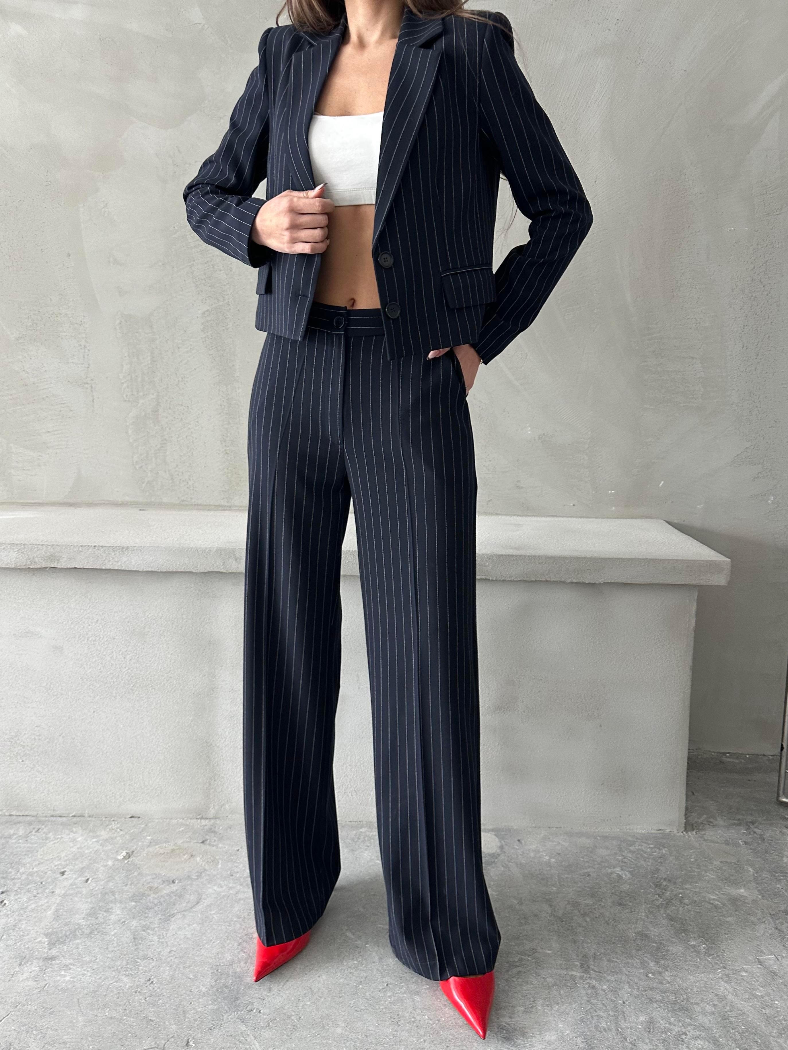Çizgili Crop Ceket Lacivert