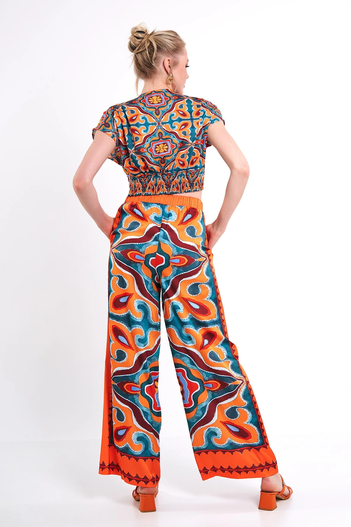 DESENLİ KISA KOLU BLUZ PANTOLON ORANJ TAKIM