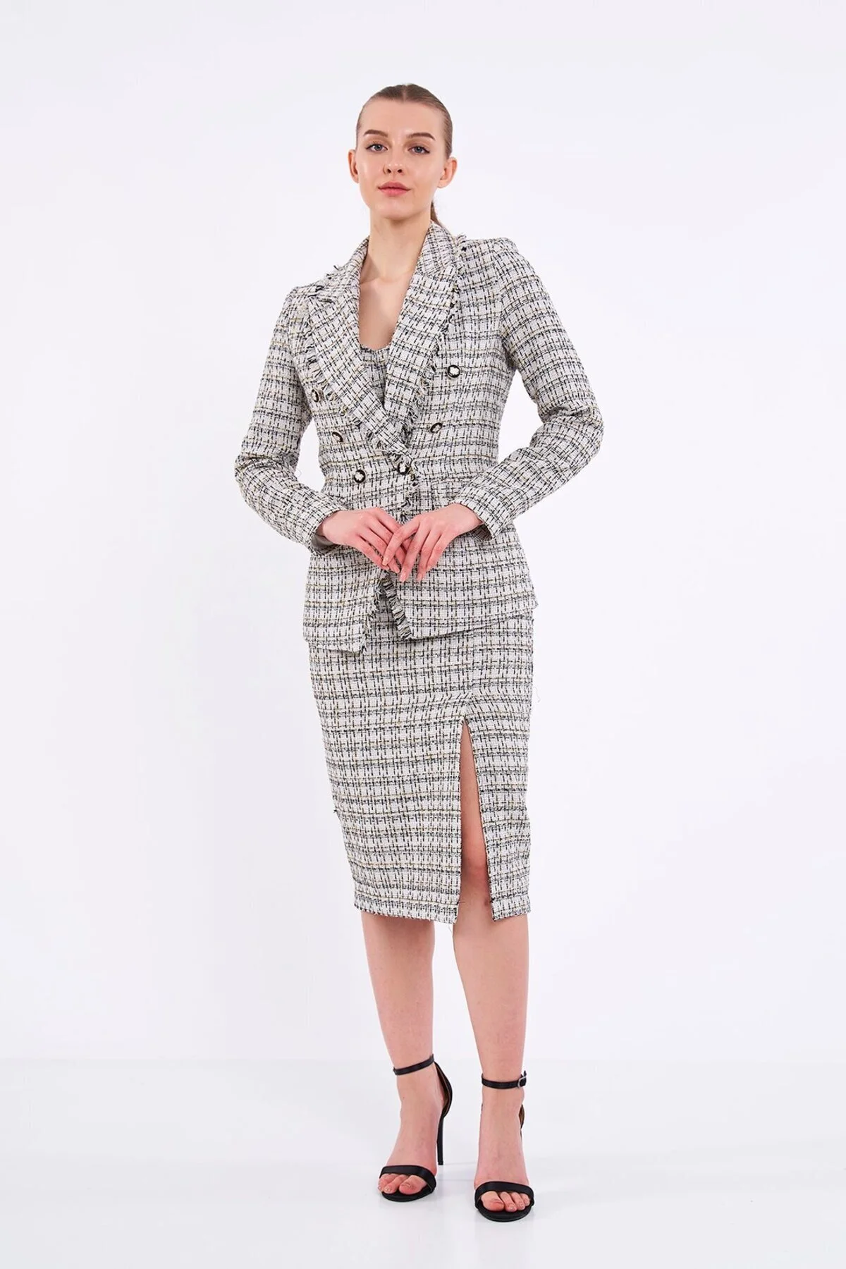 Ekose Simli Ekru Blazer Ceket