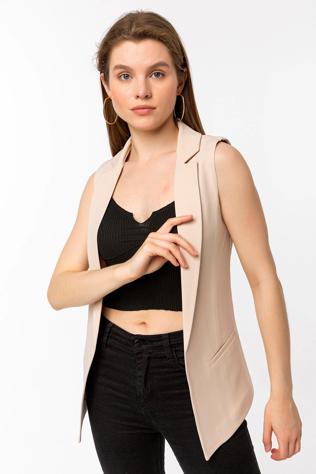 Bej Şifon Detaylı Blazer Kadın Yelek