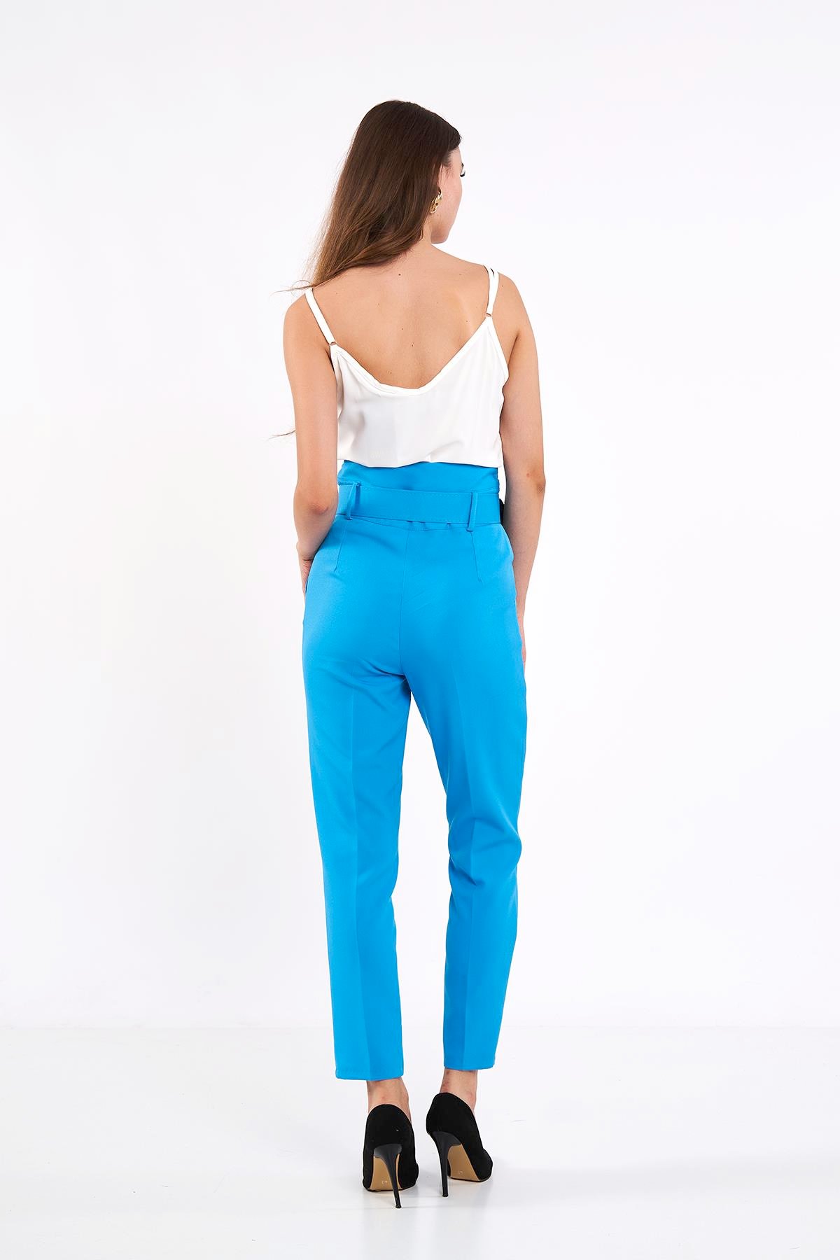 Klasik Yüksek Bel Kemerli Mavi Pantolon