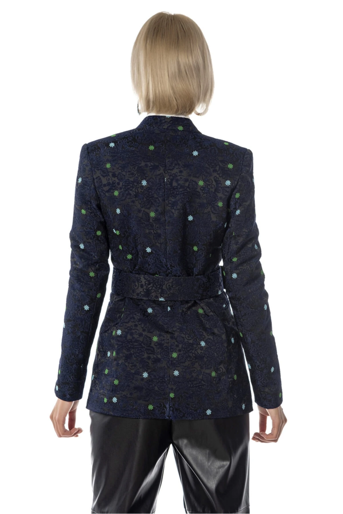 Renkli Desenli Kemerli Lacivert Kadın Ceket