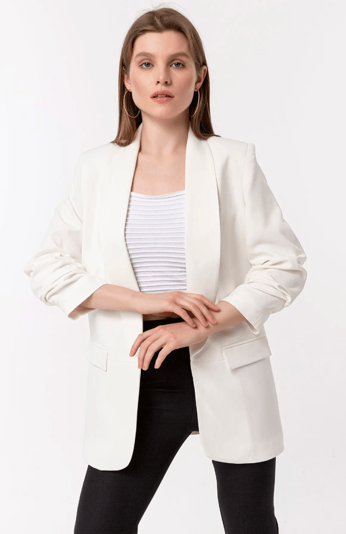 Mia Kolu Büzgülü Blazer Ceket Beyaz