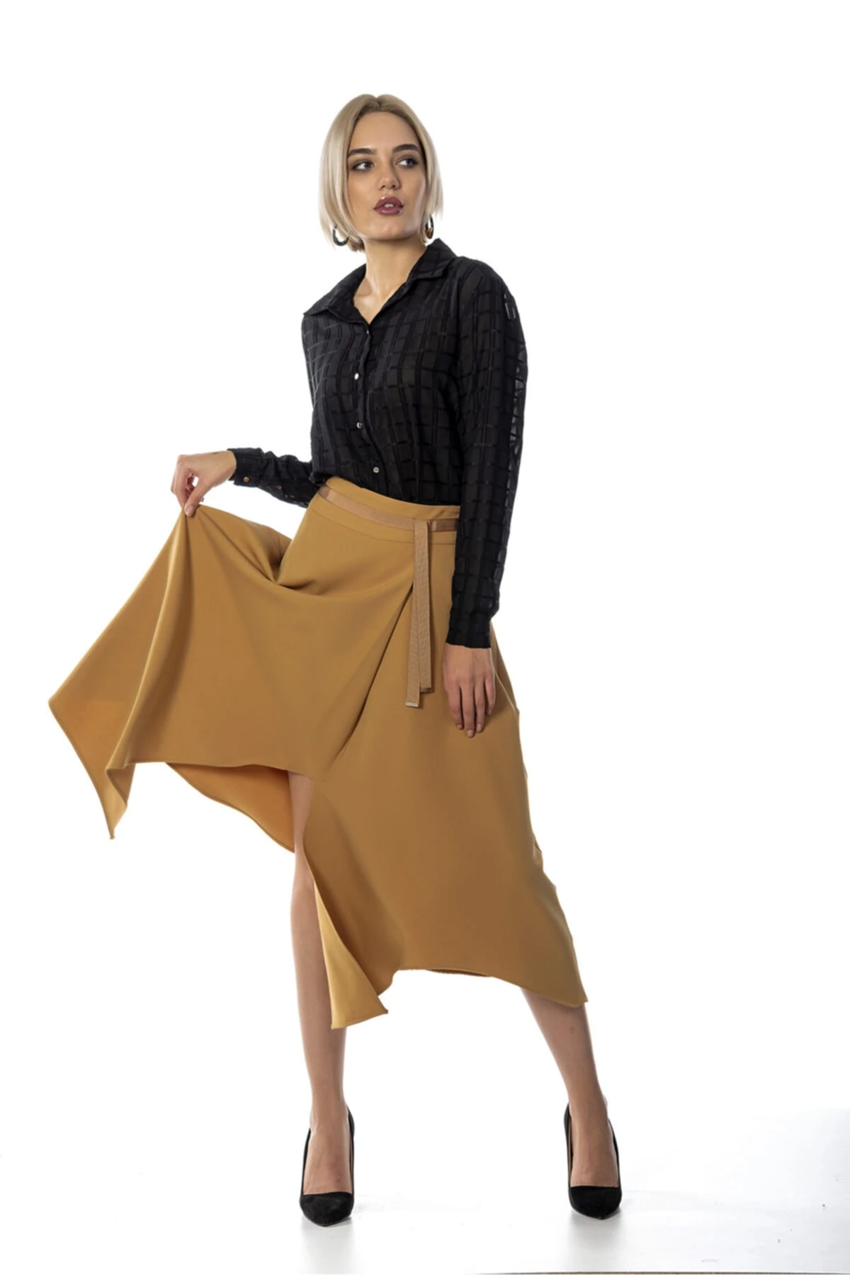 Asimetrik Kesim Açık Kahve Etek