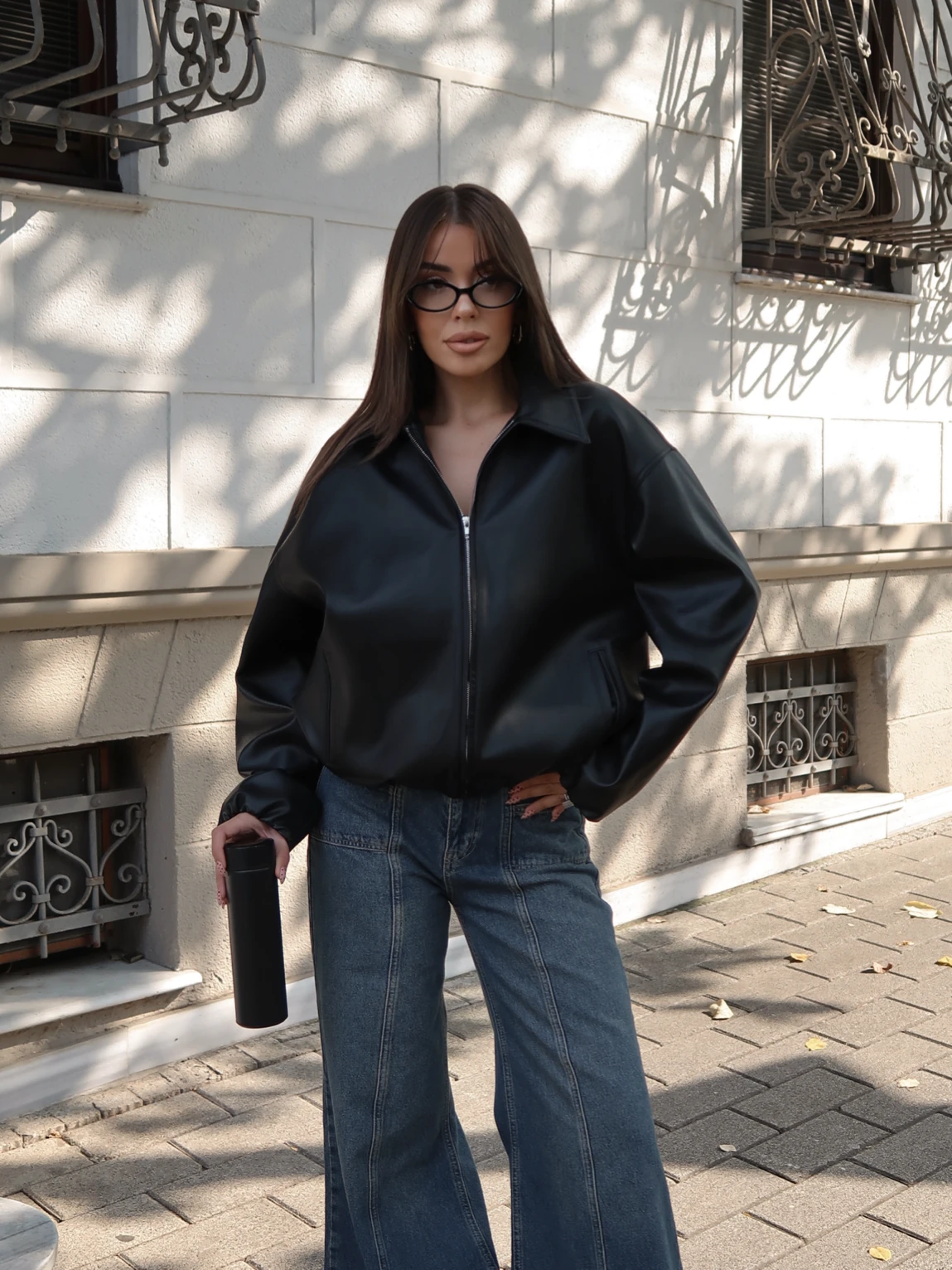 Betty Deri Fermuarlı Ceket Siyah