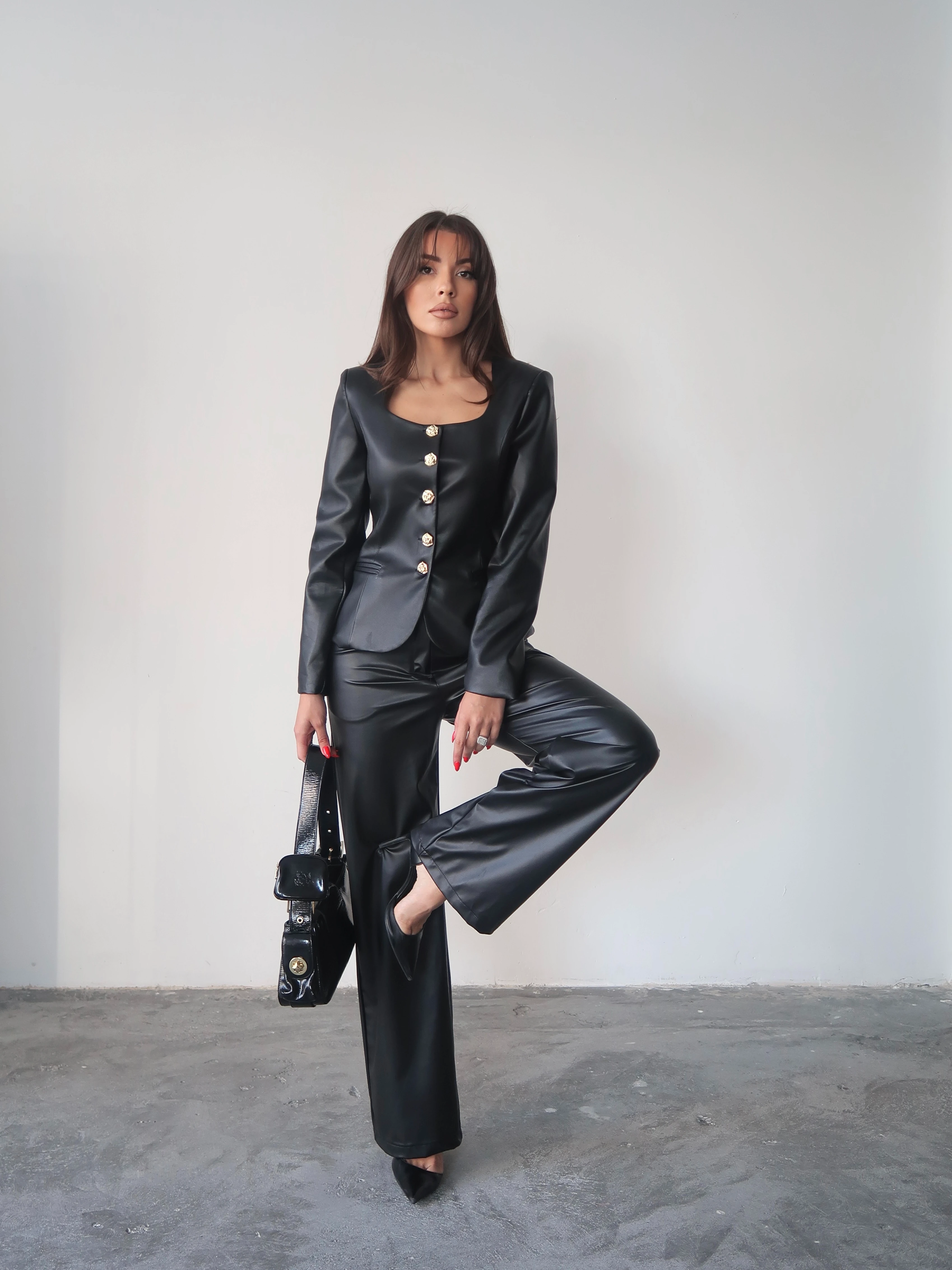 Jane Button Leather Tailored Suit Siyah