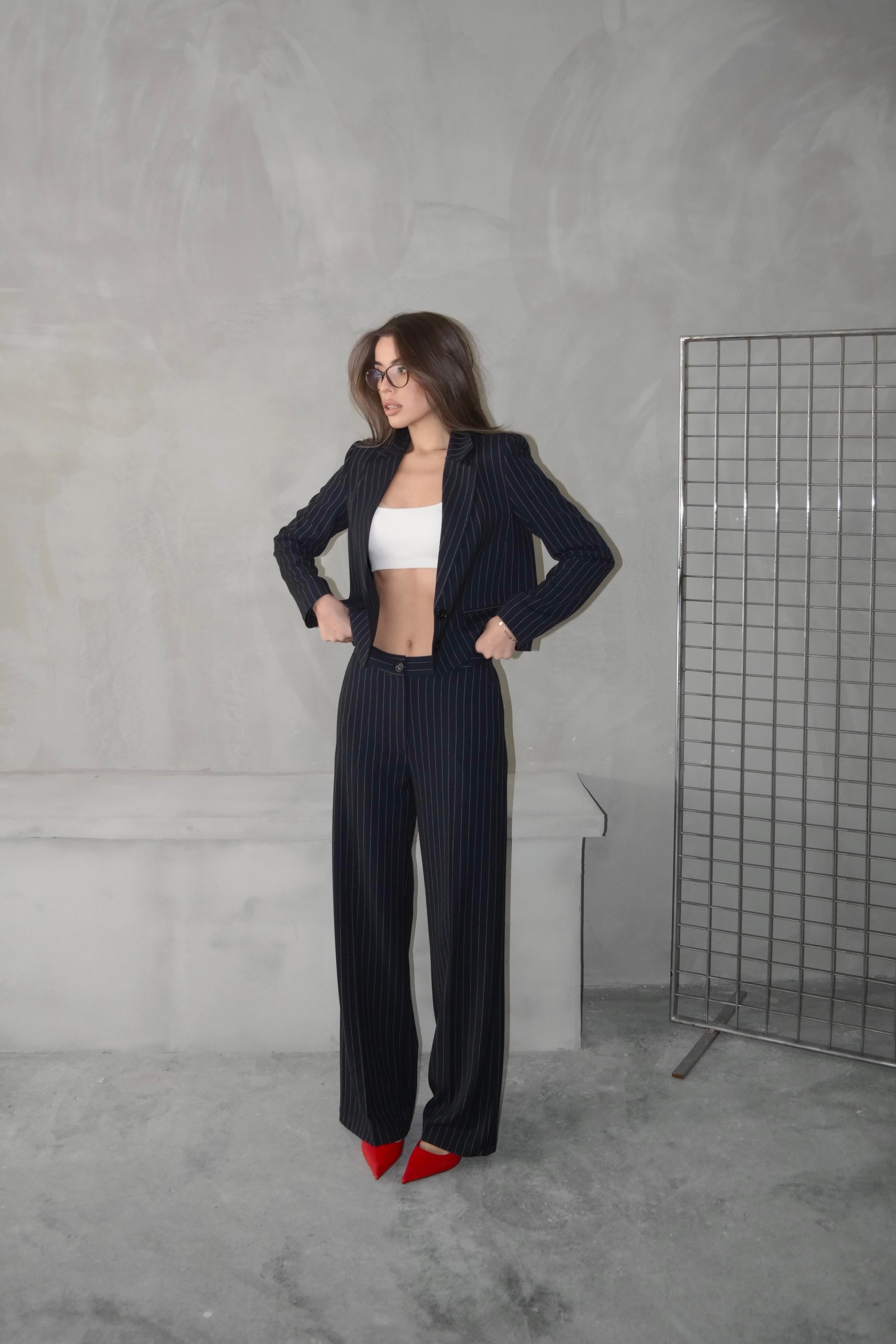 Çizgili Crop Ceket Lacivert