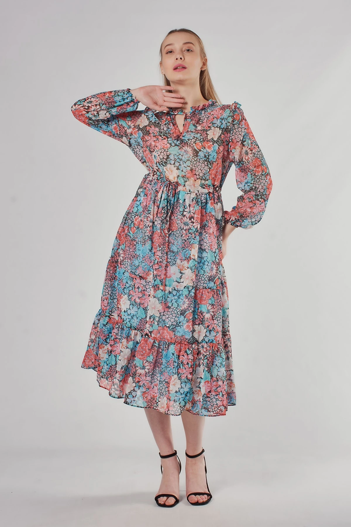 Kadın Mavi Çiçek Desenli Elbise