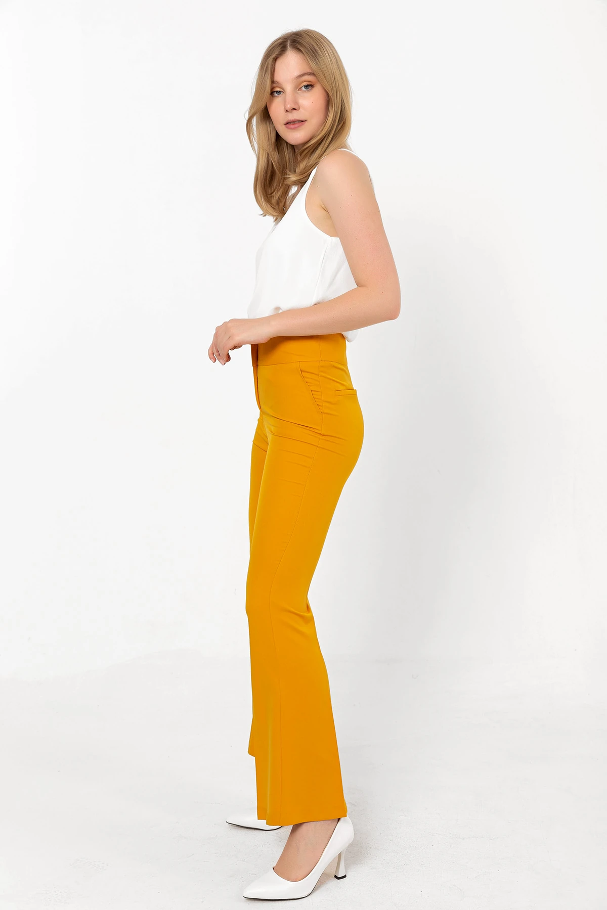 Yüksek Bel Sahte Cepli İspanyol Pantolon