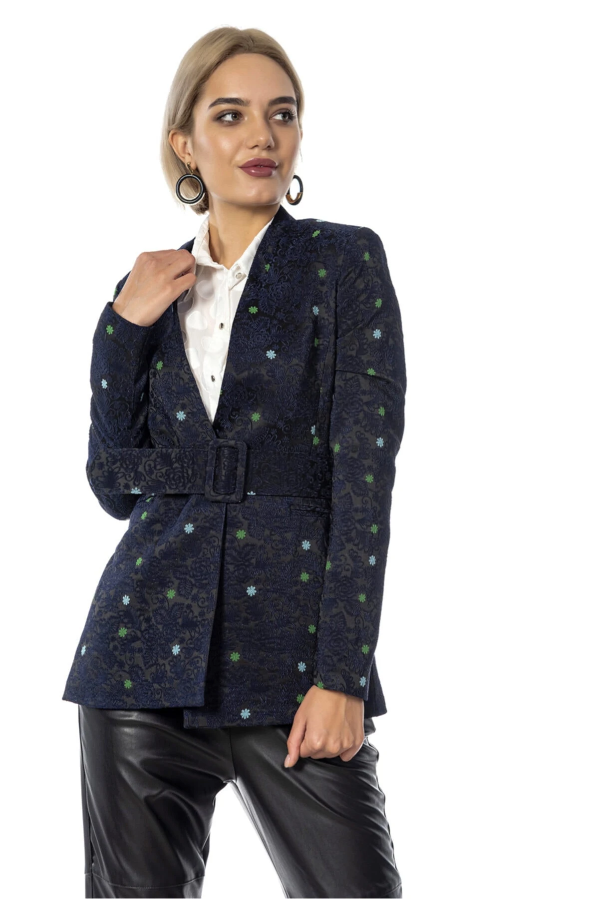 Renkli Desenli Kemerli Lacivert Kadın Ceket