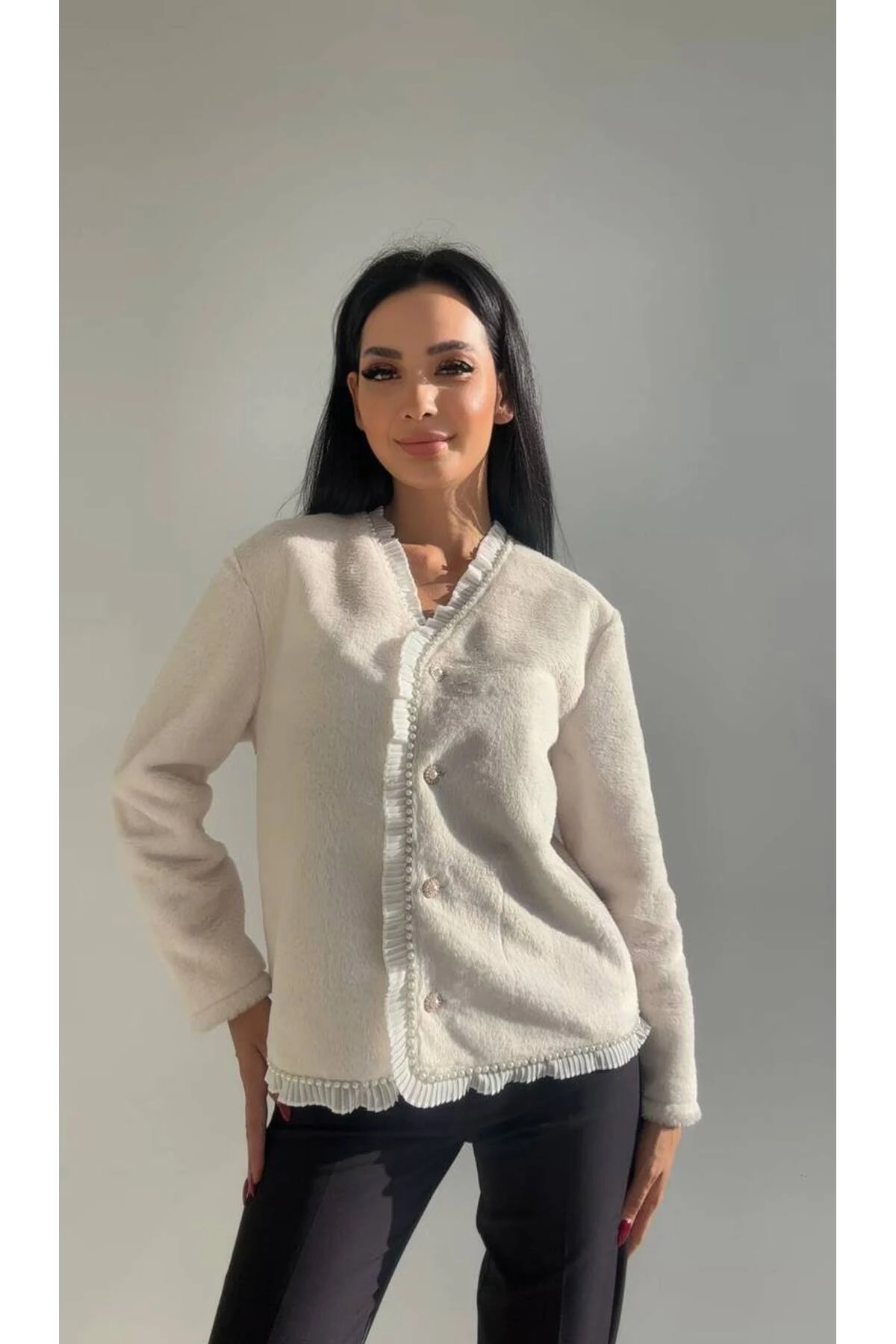 Premium İnci Detaylı Peluş Hırka