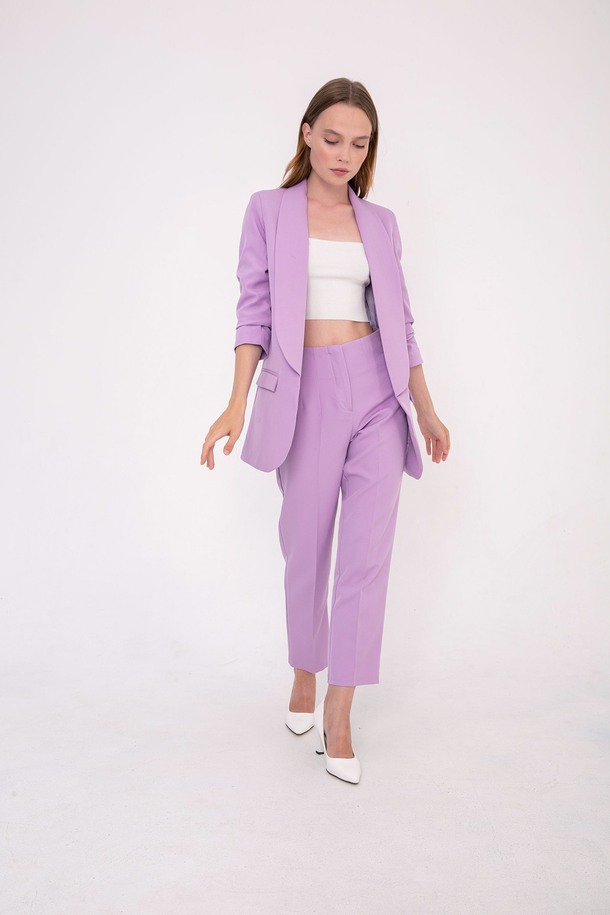 Mia Kolu Büzgülü Blazer Ceket Lila