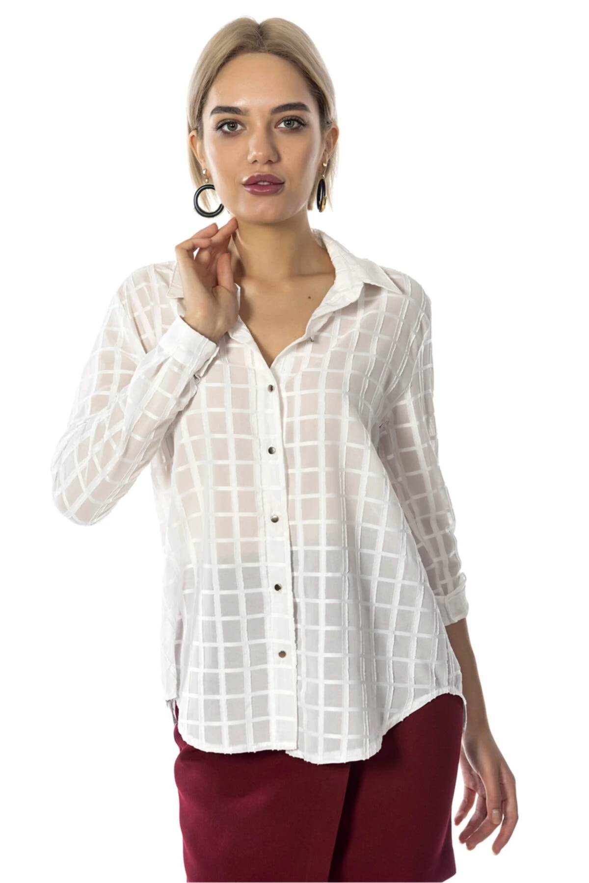 Kadın Ekru Kareli  Gömlek