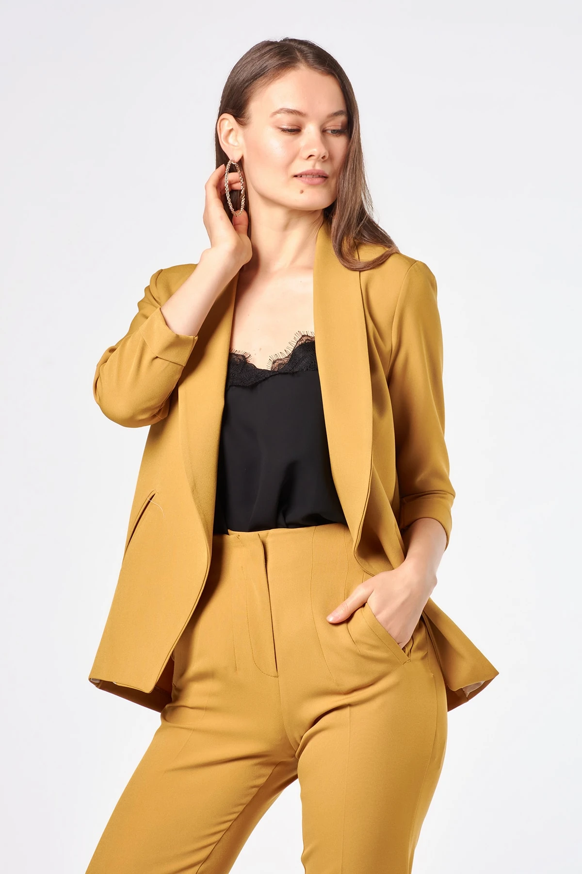 Cep Detaylı Hardal Kadın Blazer Ceket