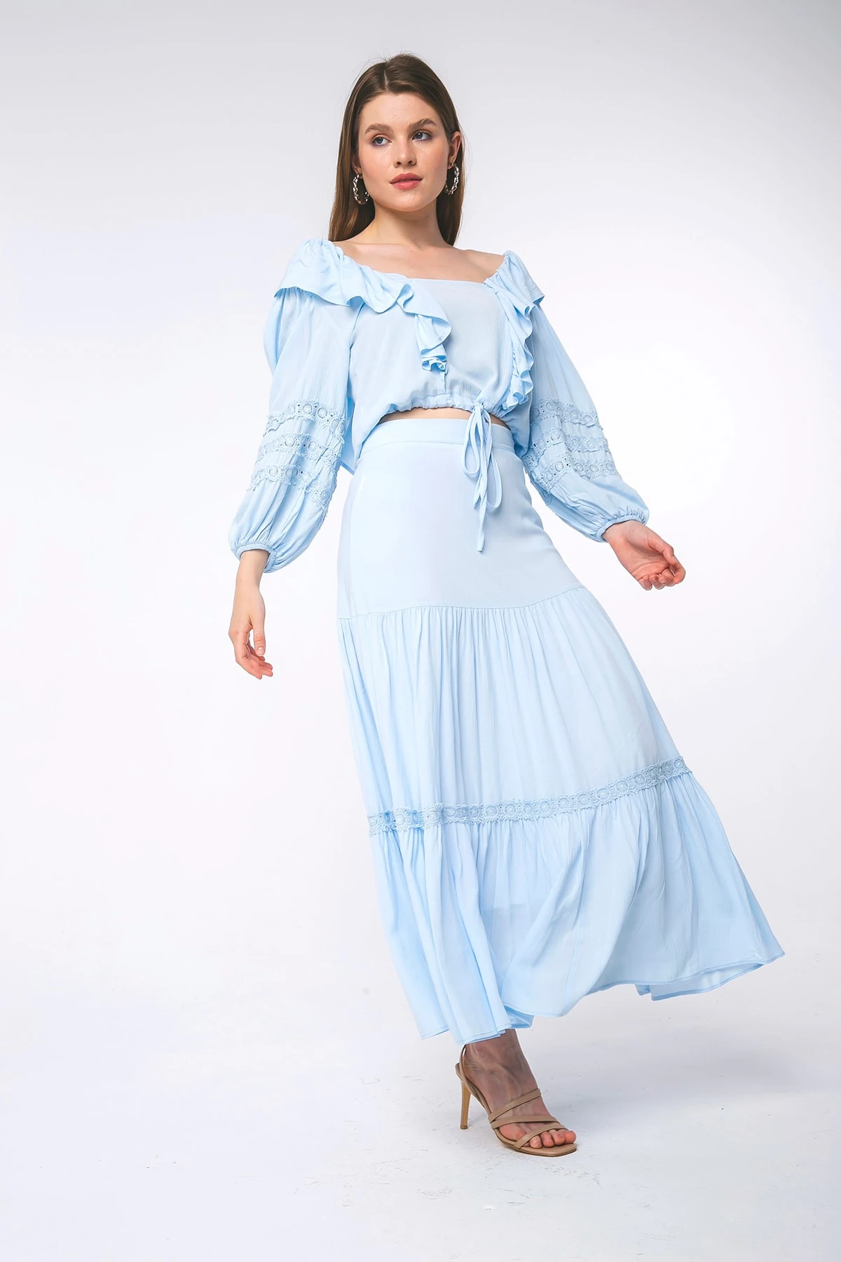 Dantel Detaylı Bluz Etek Mavi Takım