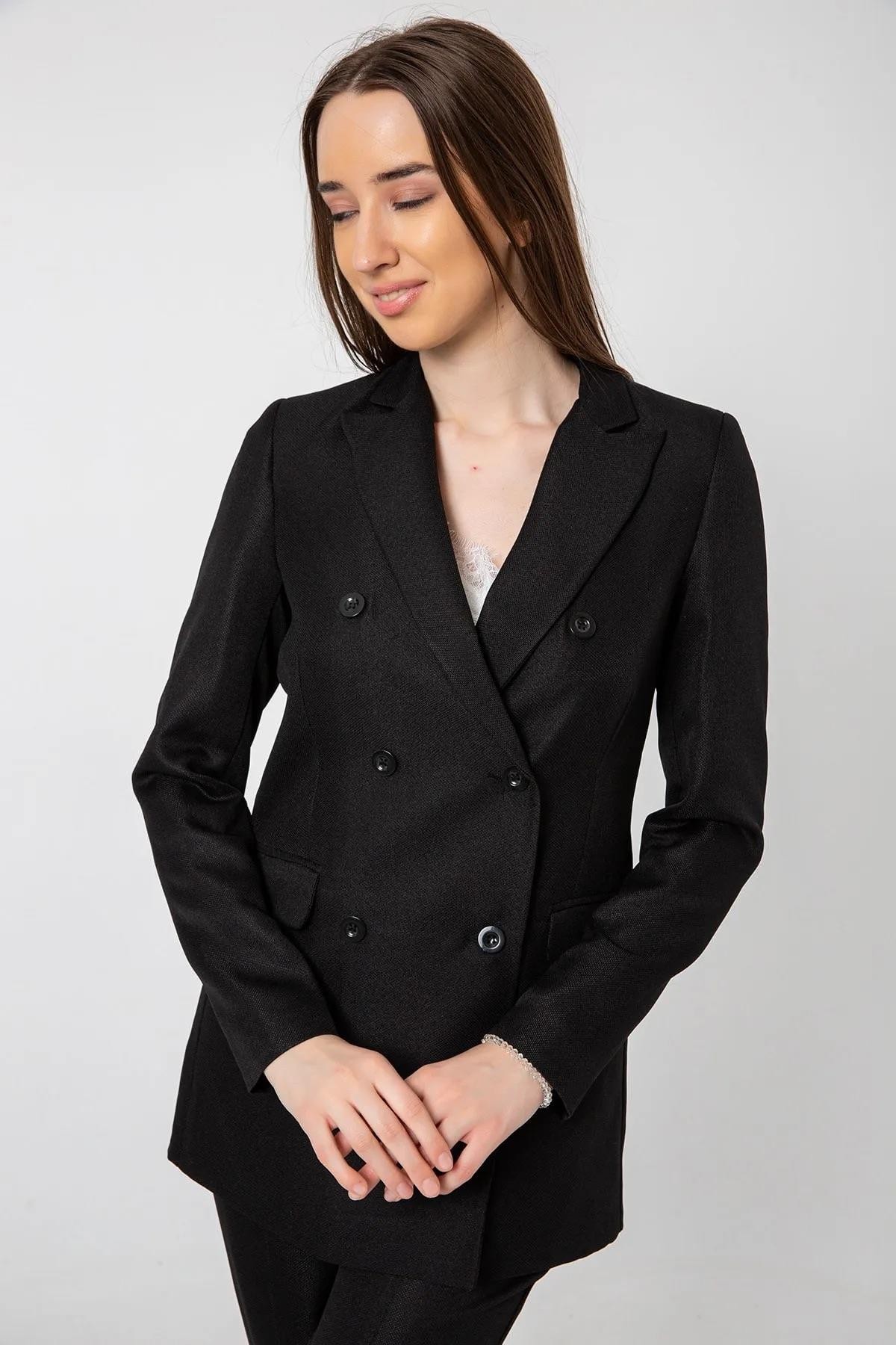 Keten Görünümlü Blazer Ceket Siyah