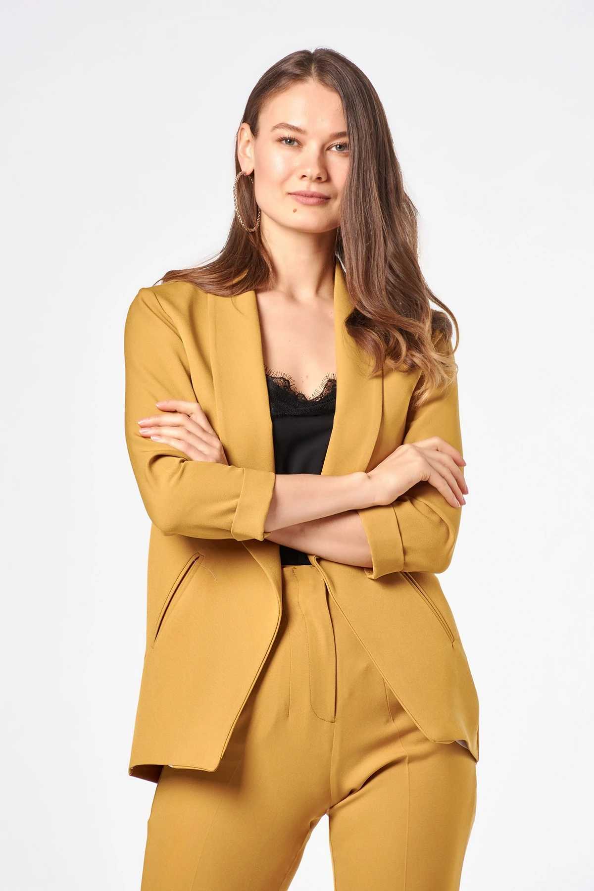 Cep Detaylı Hardal Kadın Blazer Ceket