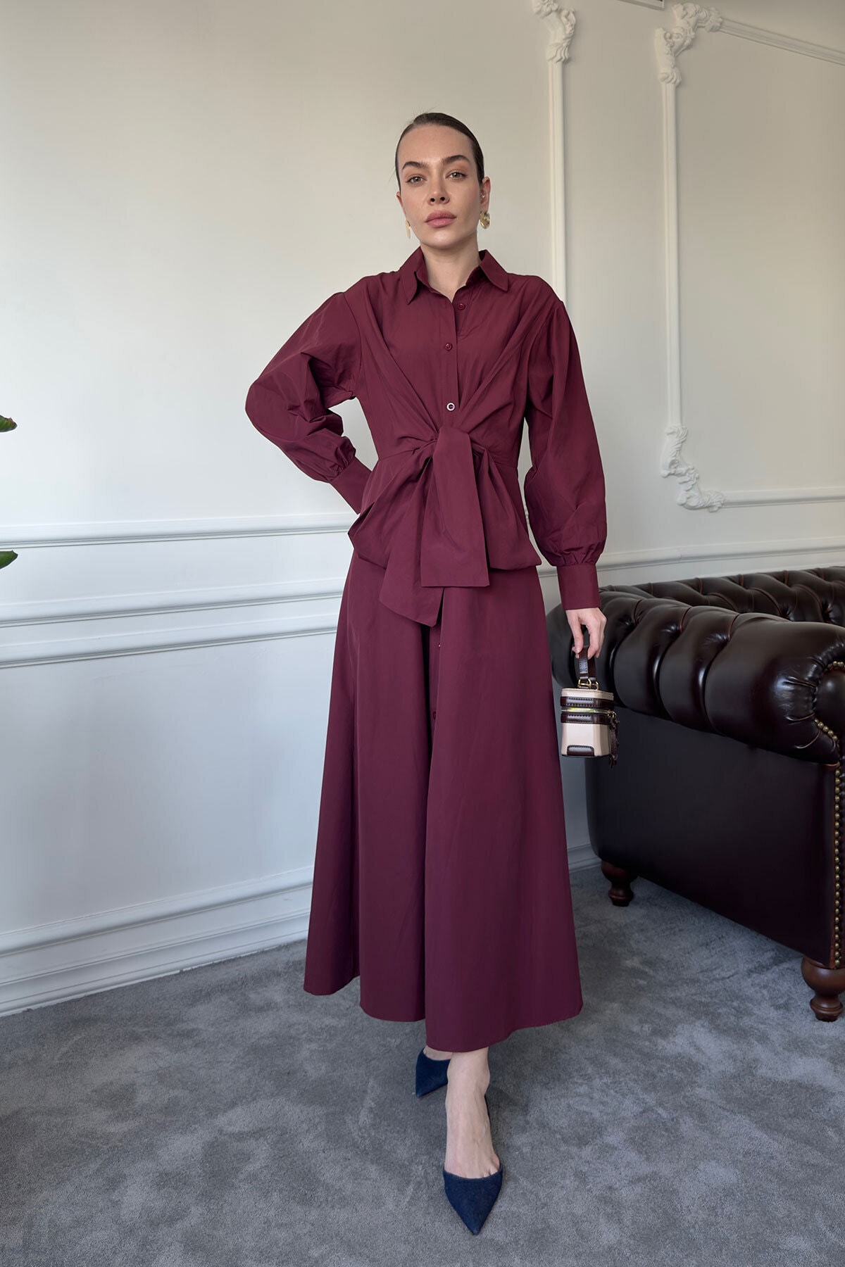Kuşaklı Uzun Poplin Elbise- BORDO